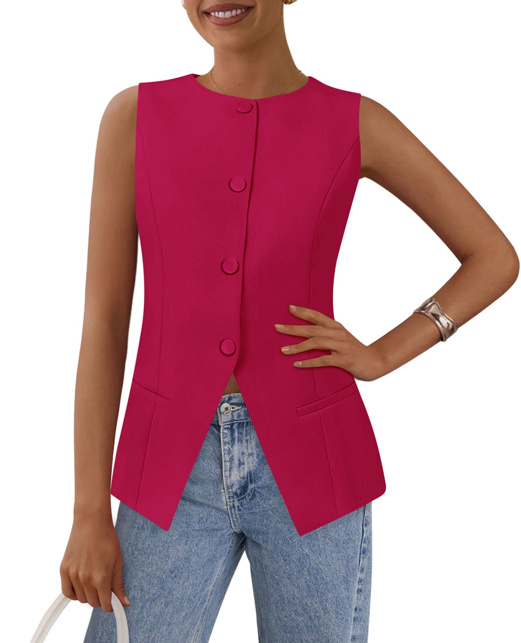 Women Tailored Suit Vest Business Casual Tops, Magenta,S