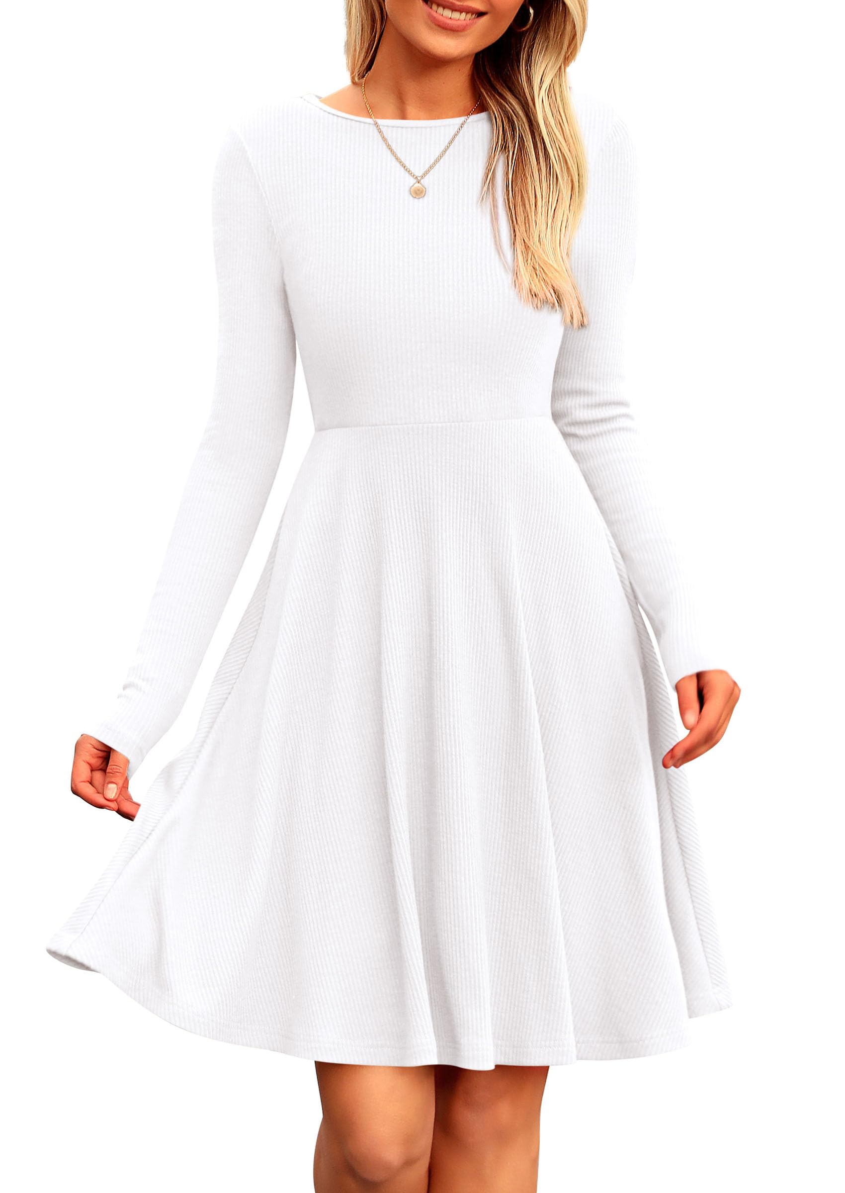 Women's Fall Casual Long Sleeve Short Dress (White,XL)