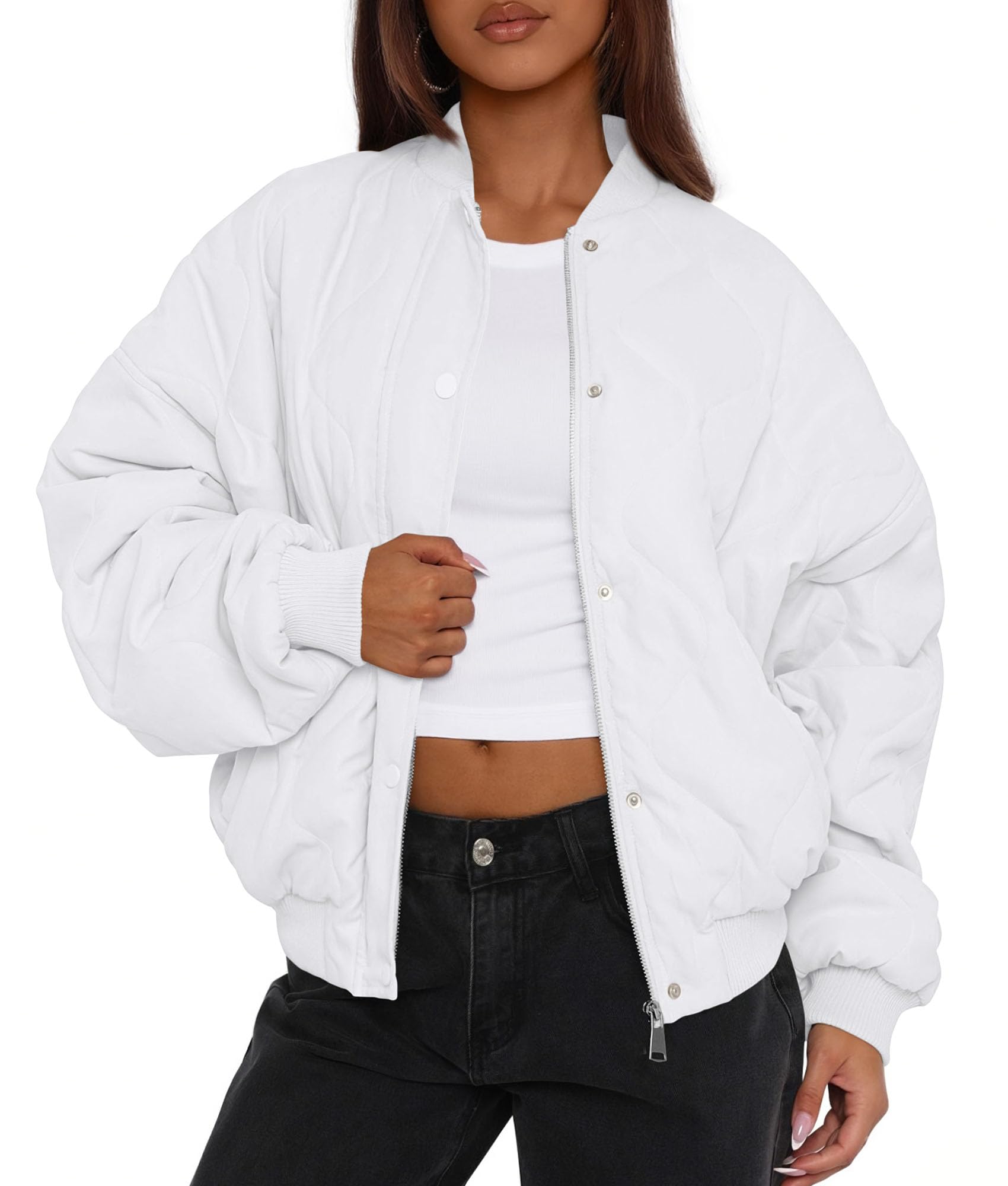 Women's Quilted Bomber Jacket Fall Fashion 2026 Lightweight Cropped Zip up Outerwear Winter Puffer Coats Pockets (White,Small)