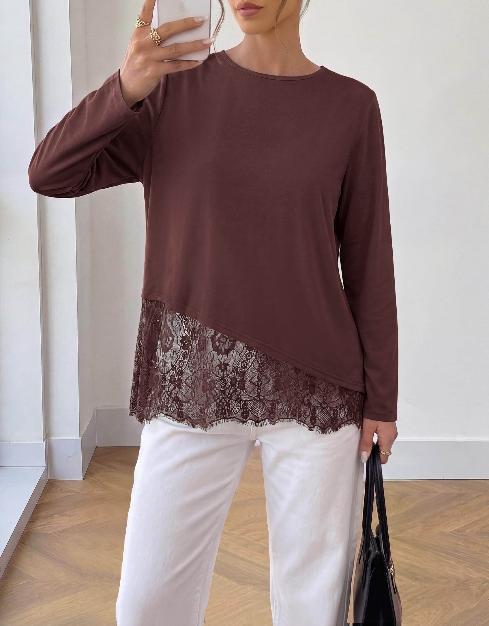 Women's Lace Patchwork Long Sleeve Shirts,Brown,S