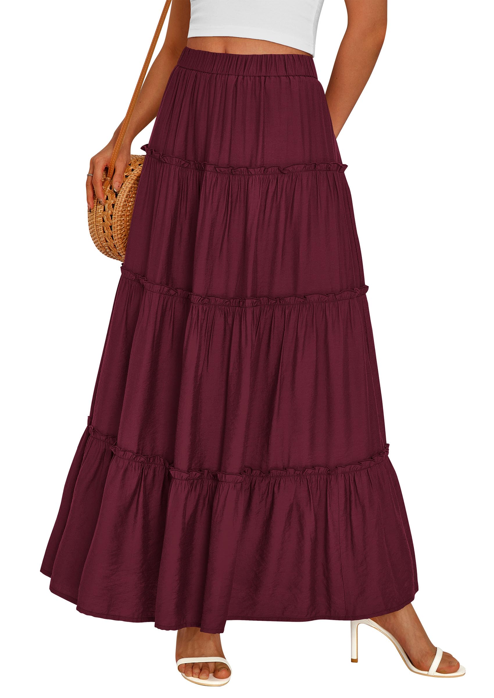 Women's Boho Tiered Ruffle Flowy Maxi Skirt, Burgundy,S