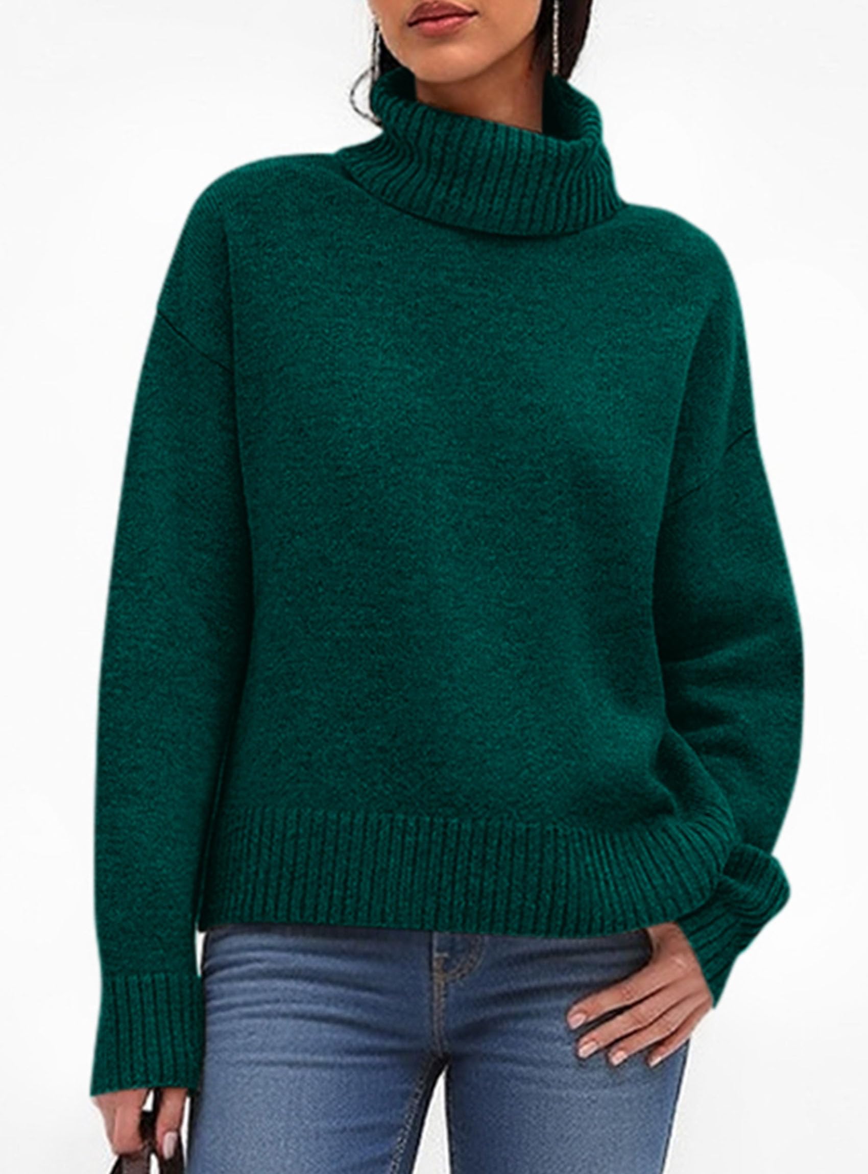 Womens Turtleneck Long Sleeve Knit Sweater,Dark Green,S