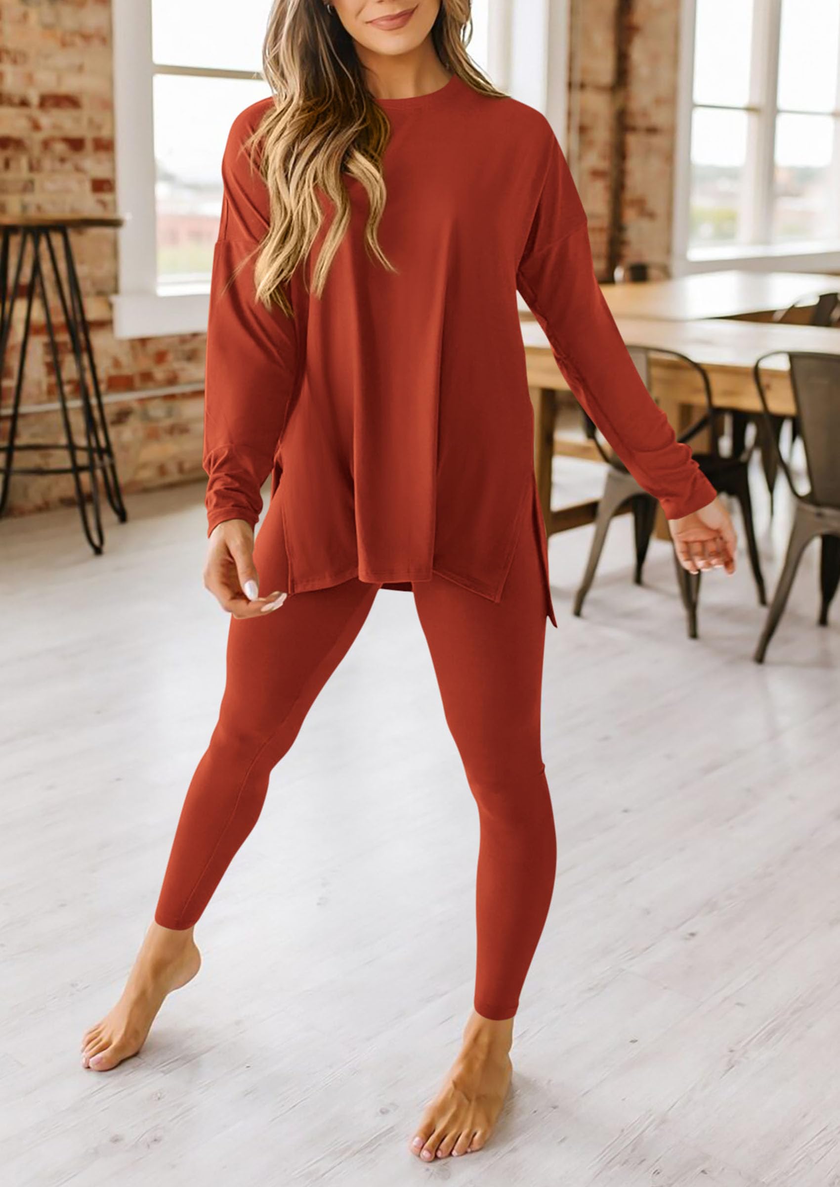 Women's 2 Piece Outfits Matching Lounge Sets,Brick Red,S