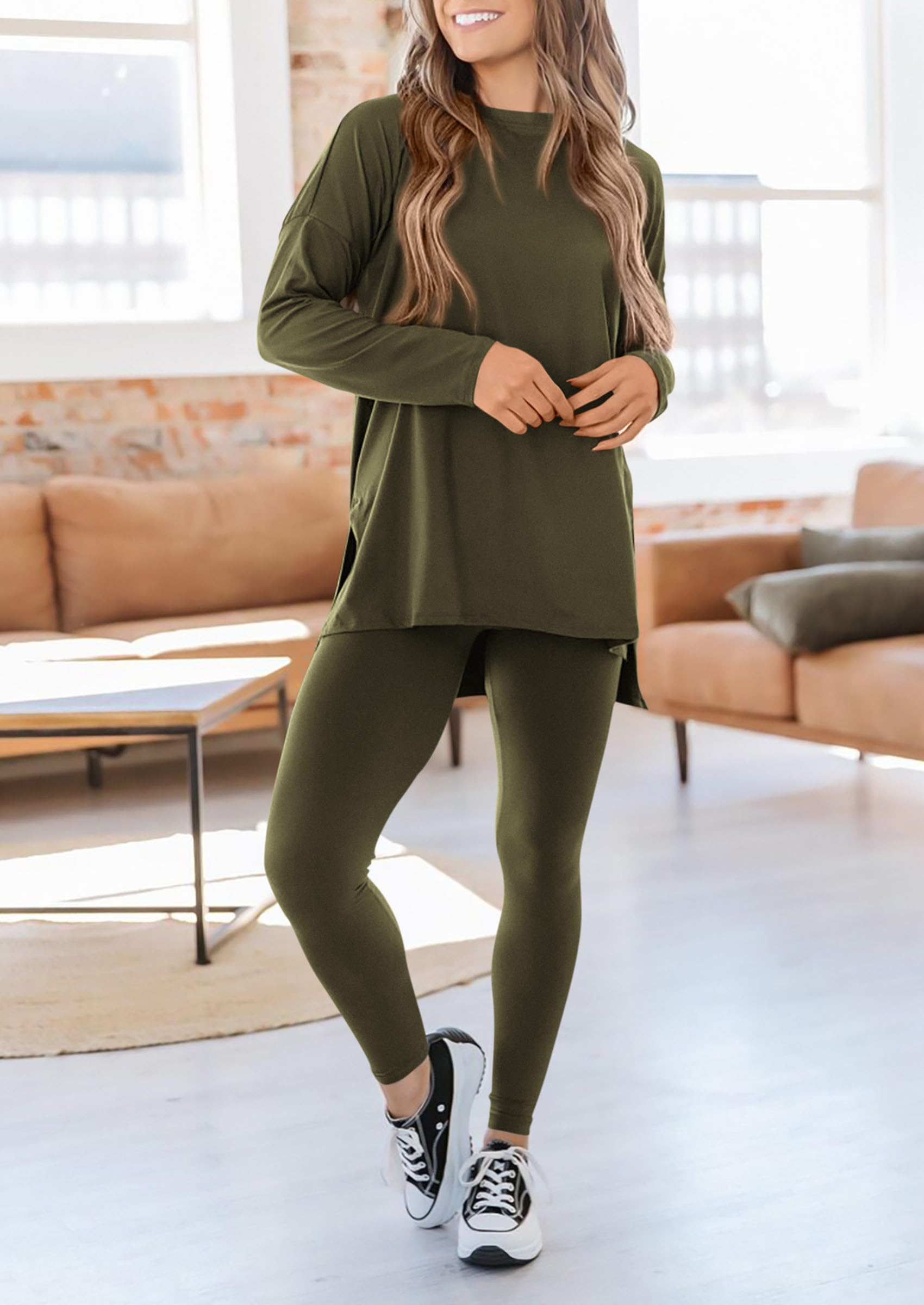 Women's 2 Piece Outfits Matching Lounge Sets,Army Green,S