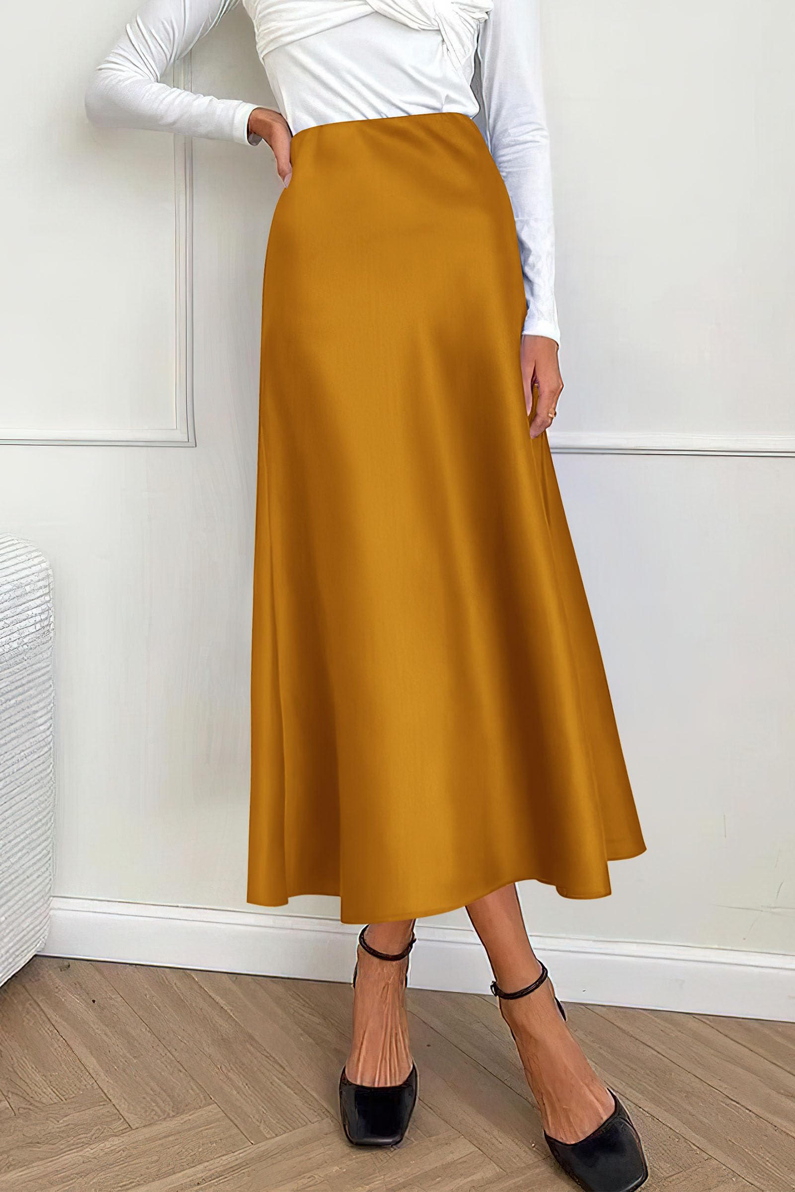 Women's Satin Midi Skirts Dressy Casual,Brown Yellow,S