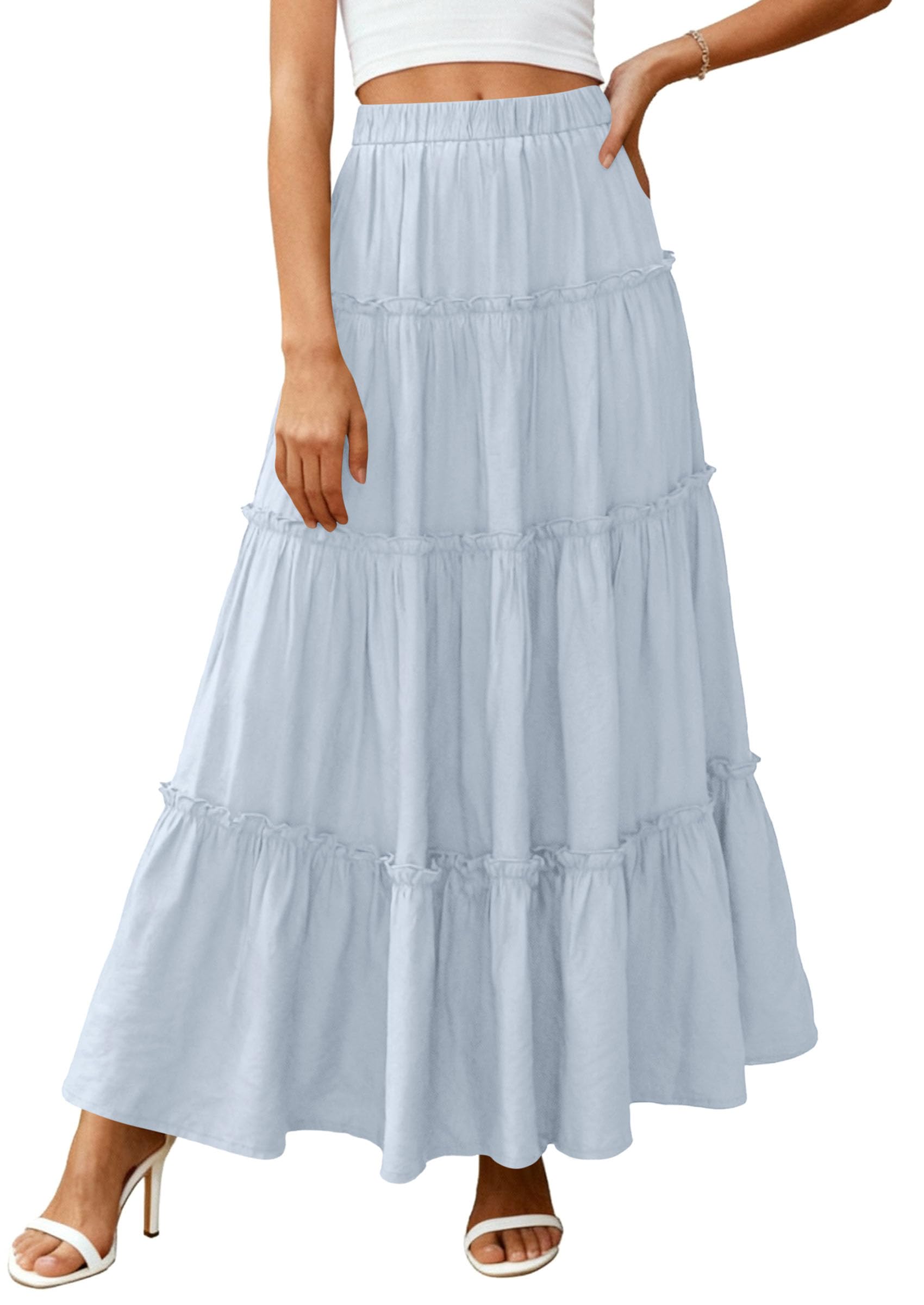 Women's Boho Tiered Ruffle Flowy Maxi Skirt, Light Blue,S