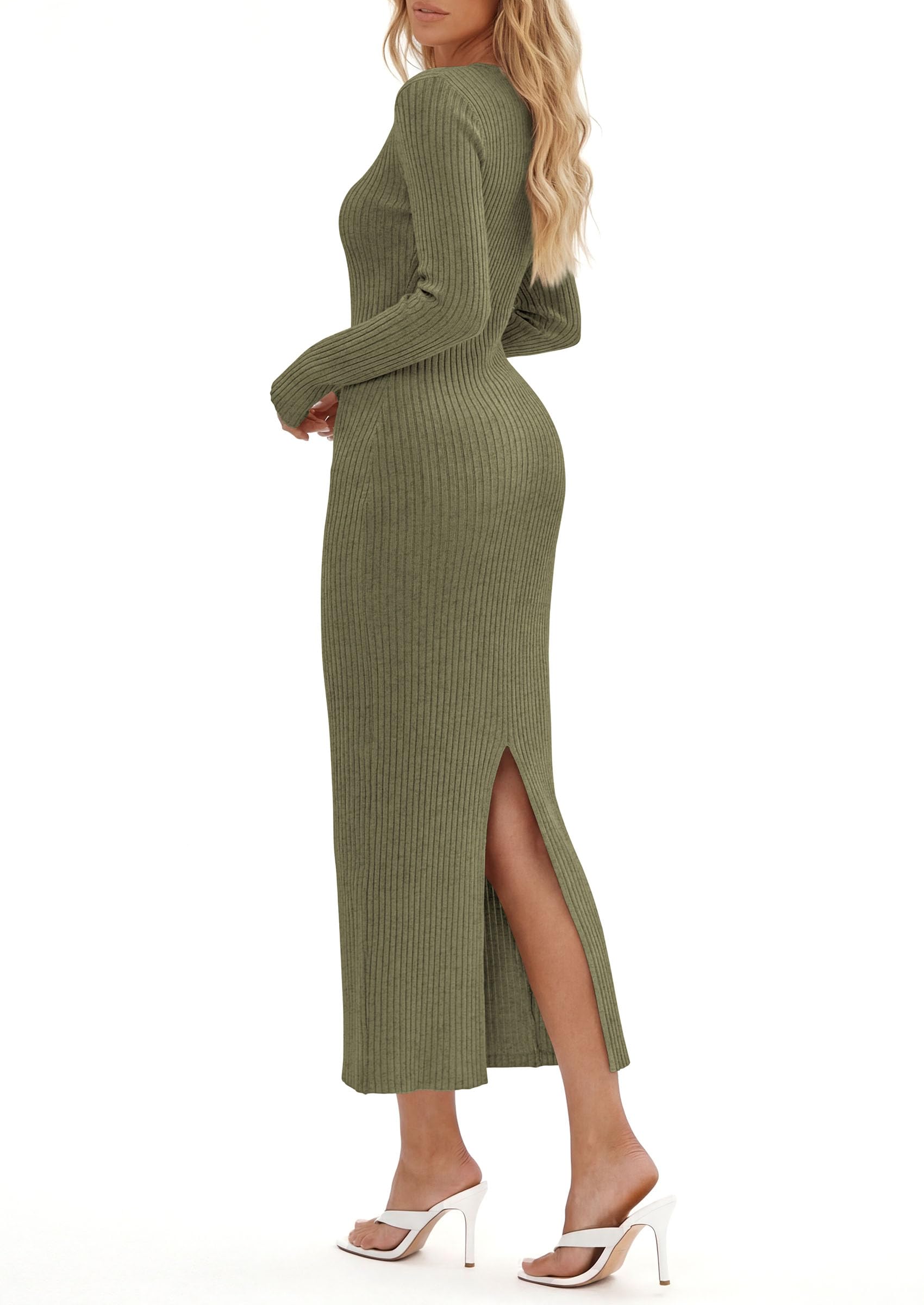 Women's Long Sleeve Bodycon Maxi Sweater Dress Army Green,L