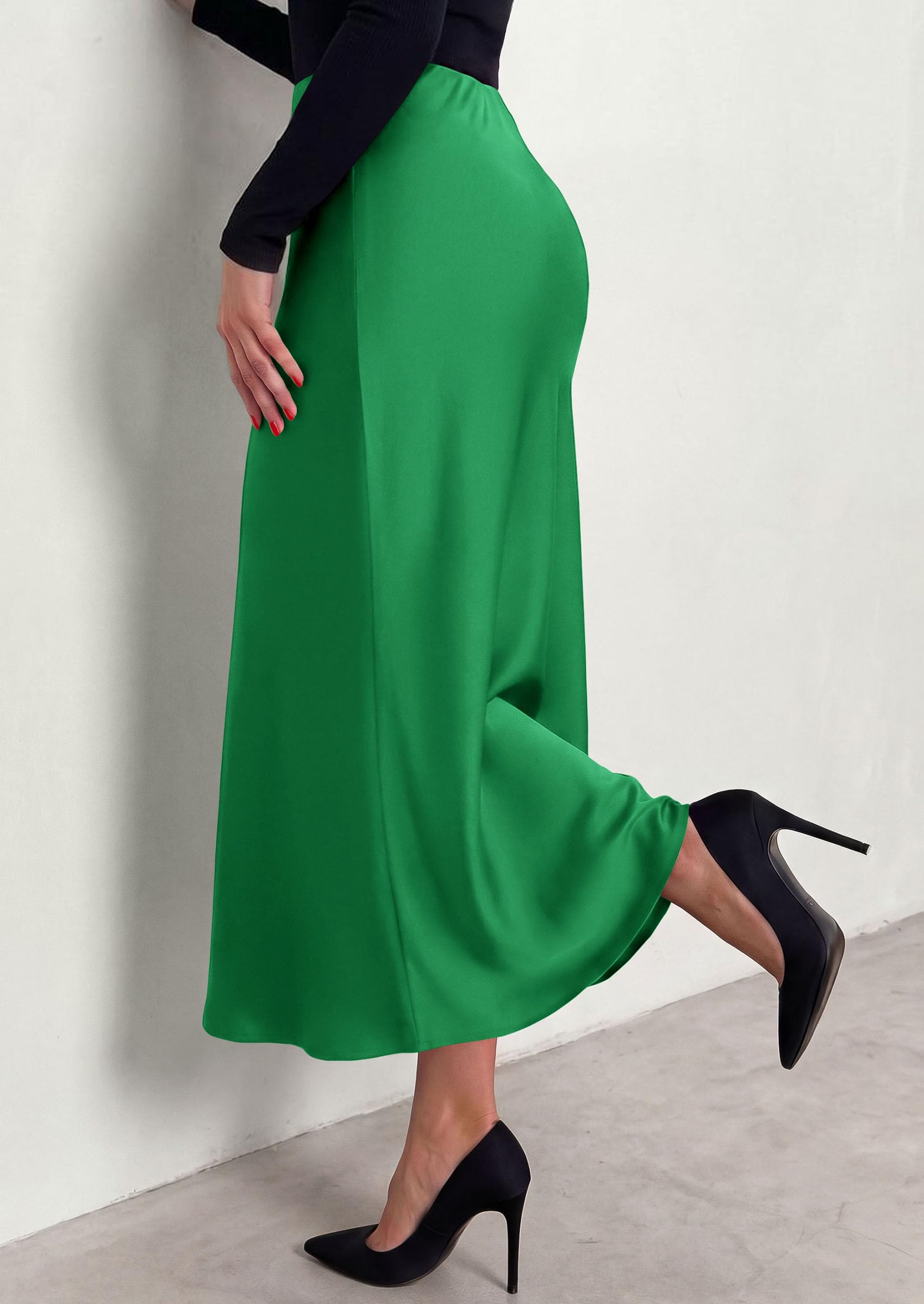 Women's Silk Satin Maxi Skirts Fall Clothes (Green,S)