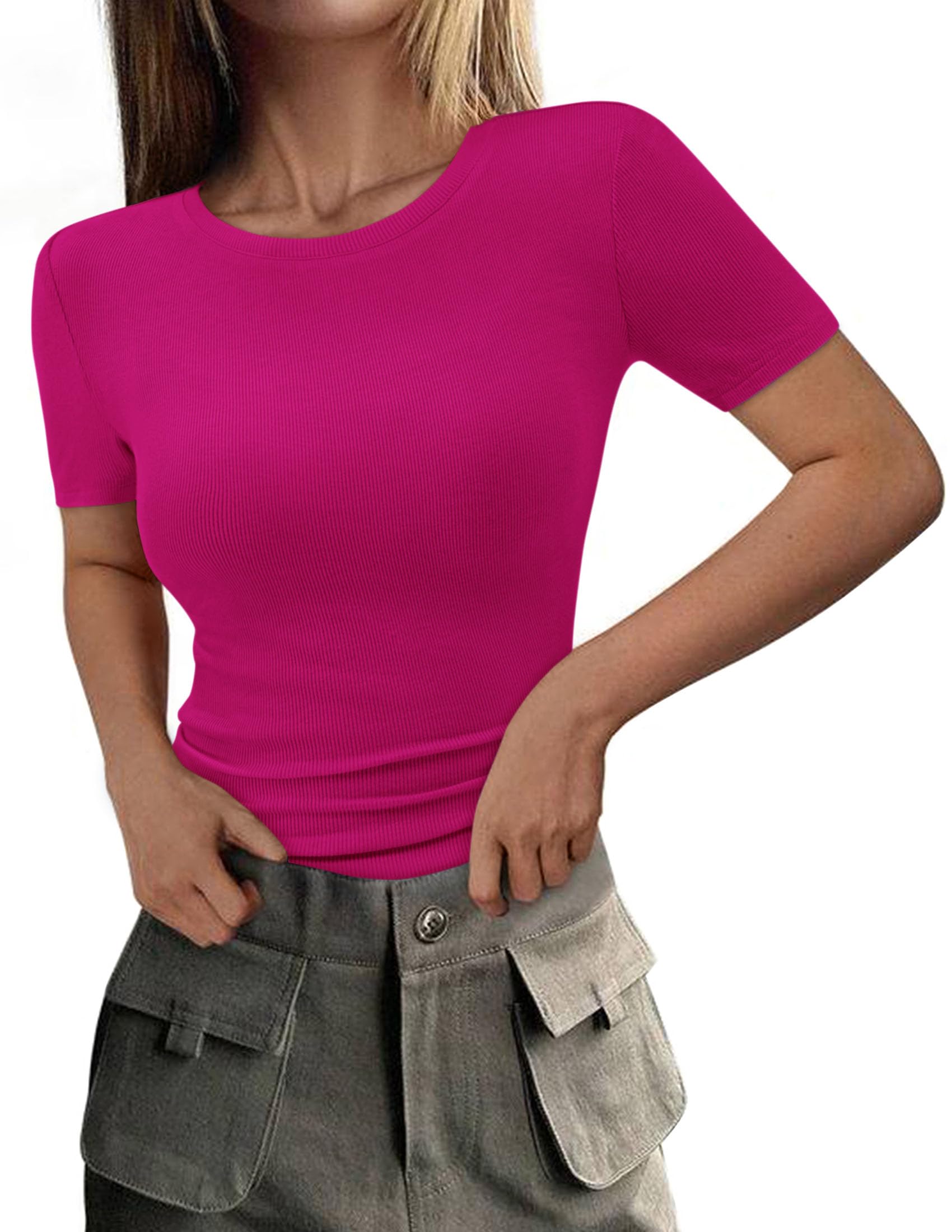 Womens Short Sleeve Slim Fit Basic Shirts,Rose Red,XS
