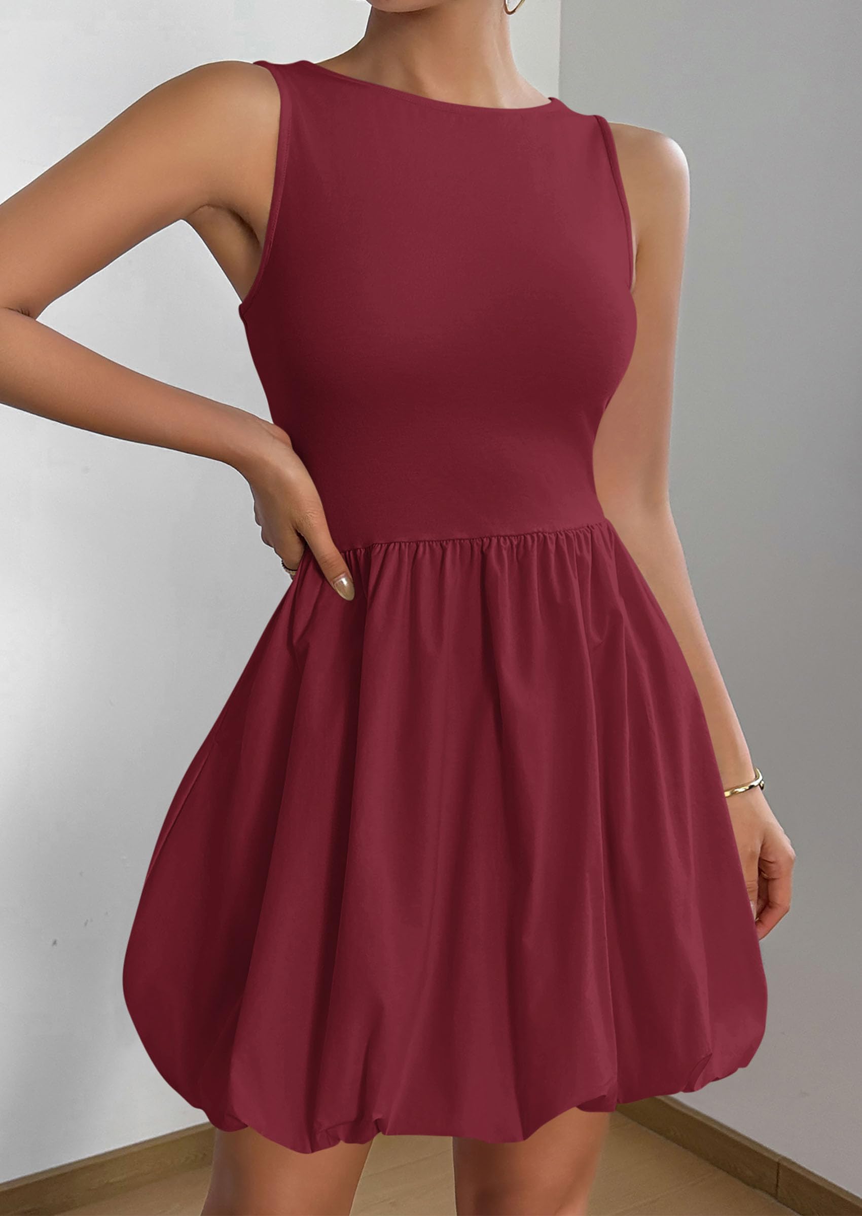 Womens Summer Bubble Sleeveless Mini Dress,Wine Red,S