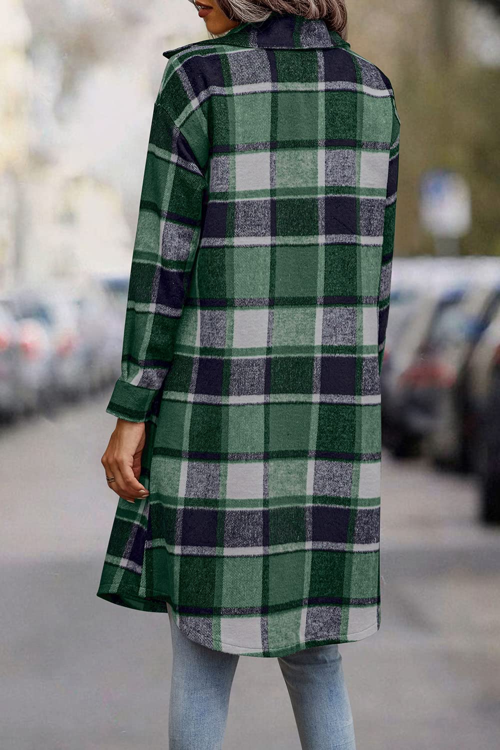 Womens Plaid Shacket Jacket Flannel Shirts,Dark Green,S