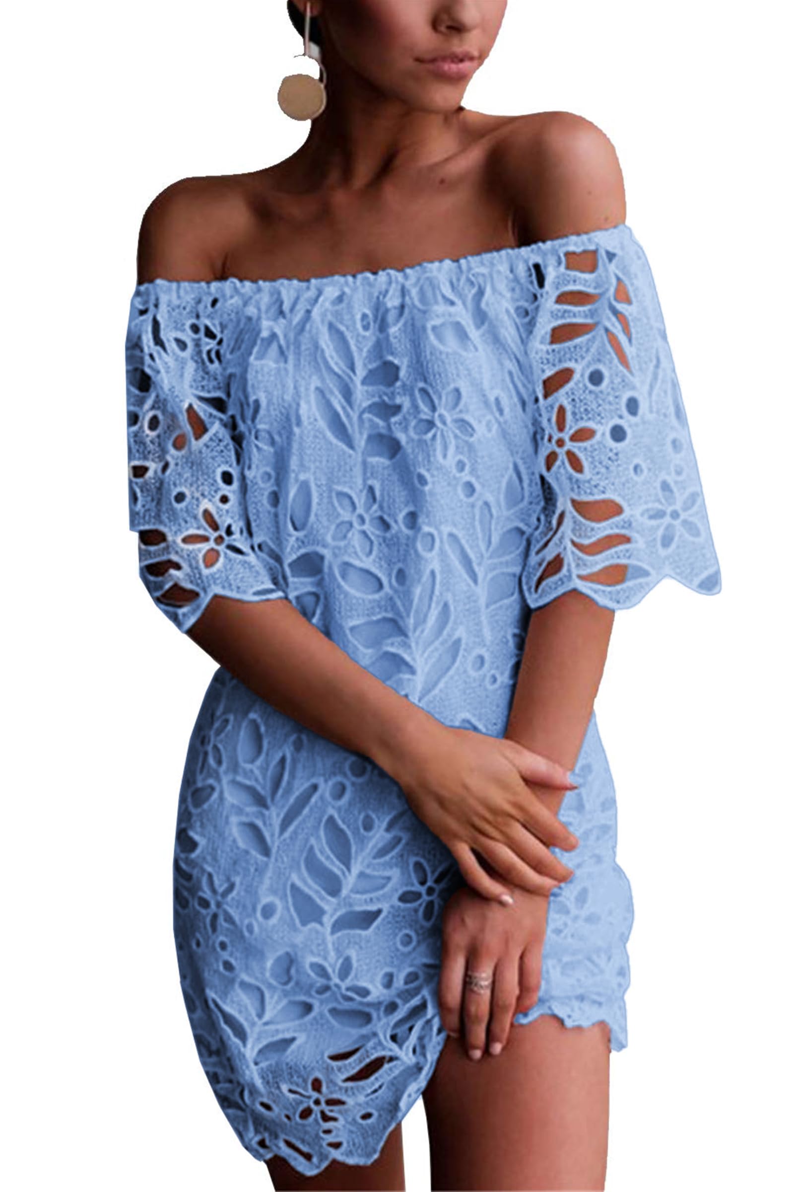 Women's Boho Off the Shoulder Lace Mini Dress, Blue,S