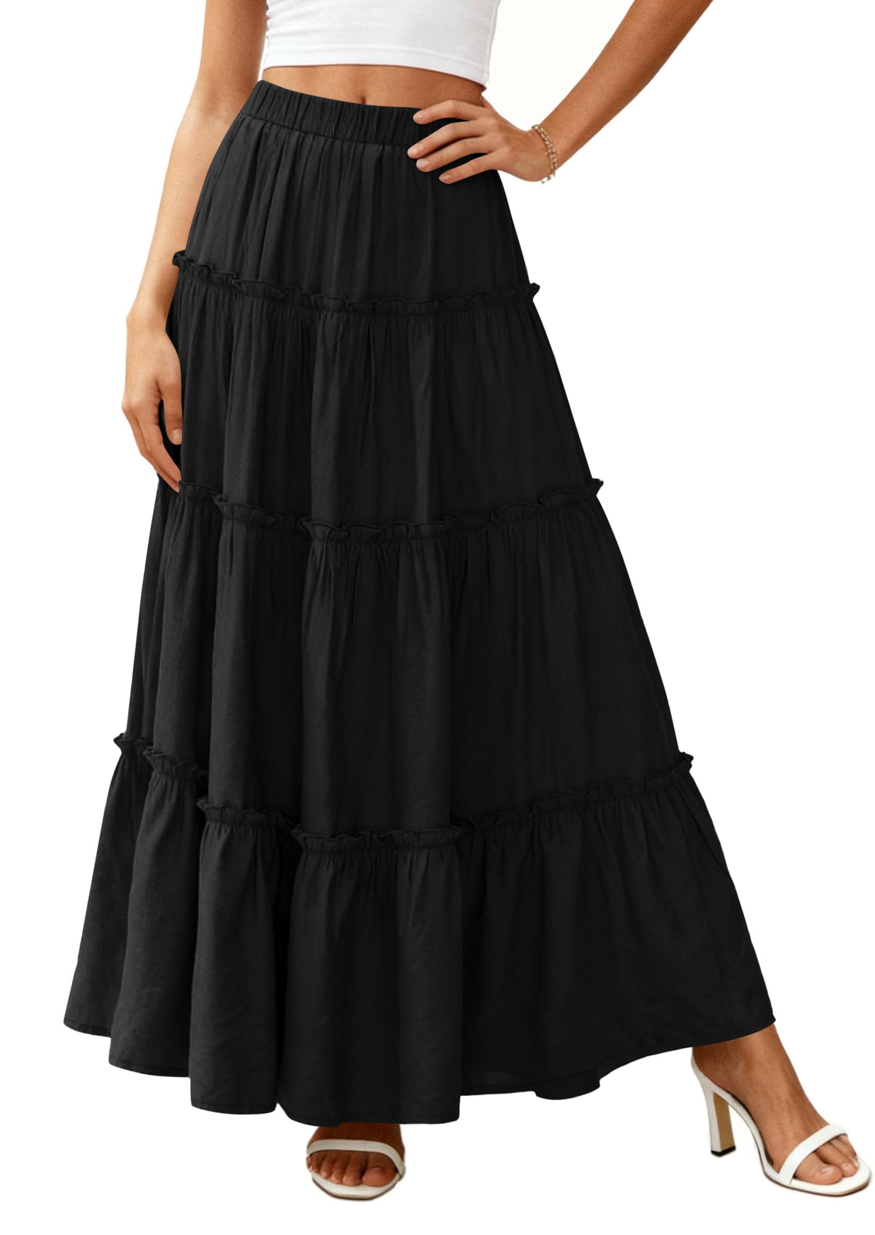 Women's Boho Tiered Ruffle Flowy Maxi Skirt, Black,S