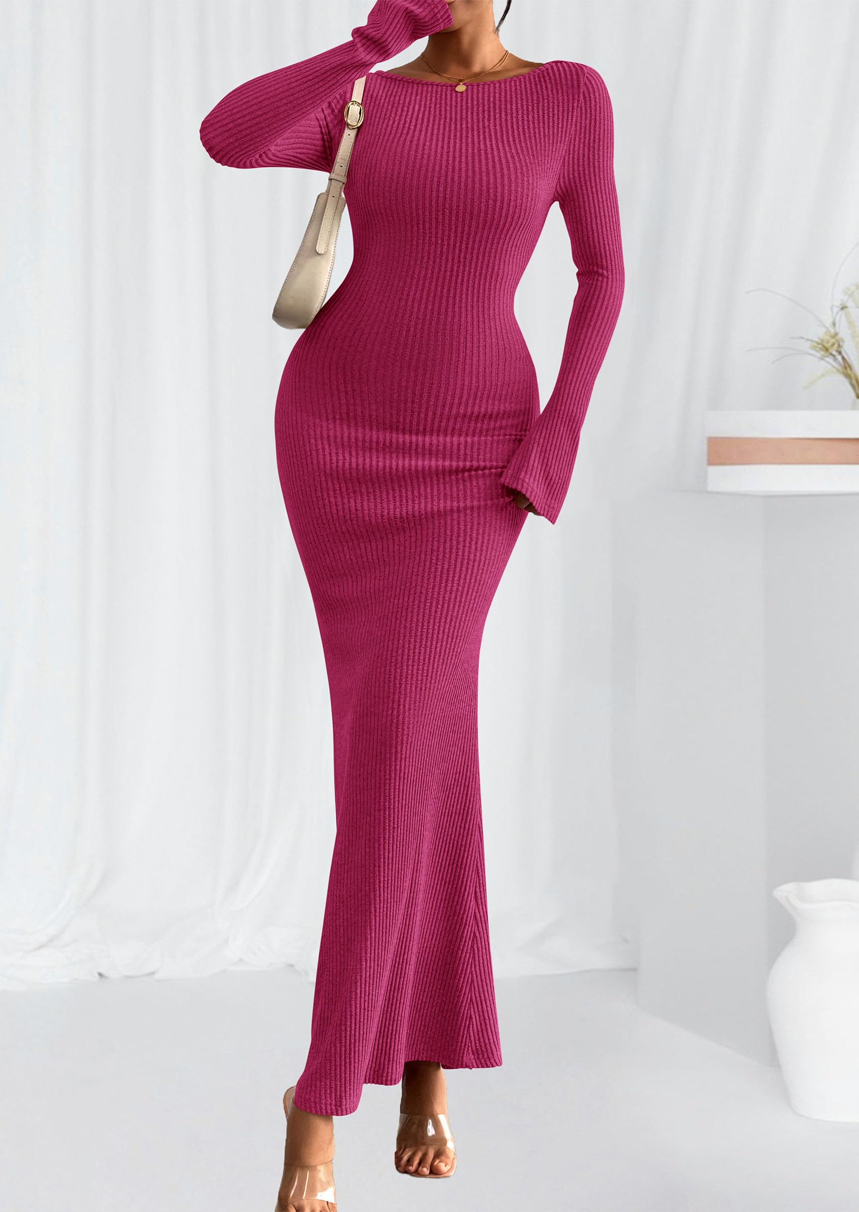 Women's Fall Long Sleeve Bodycon Maxi Dresses (Rose Red,XS)