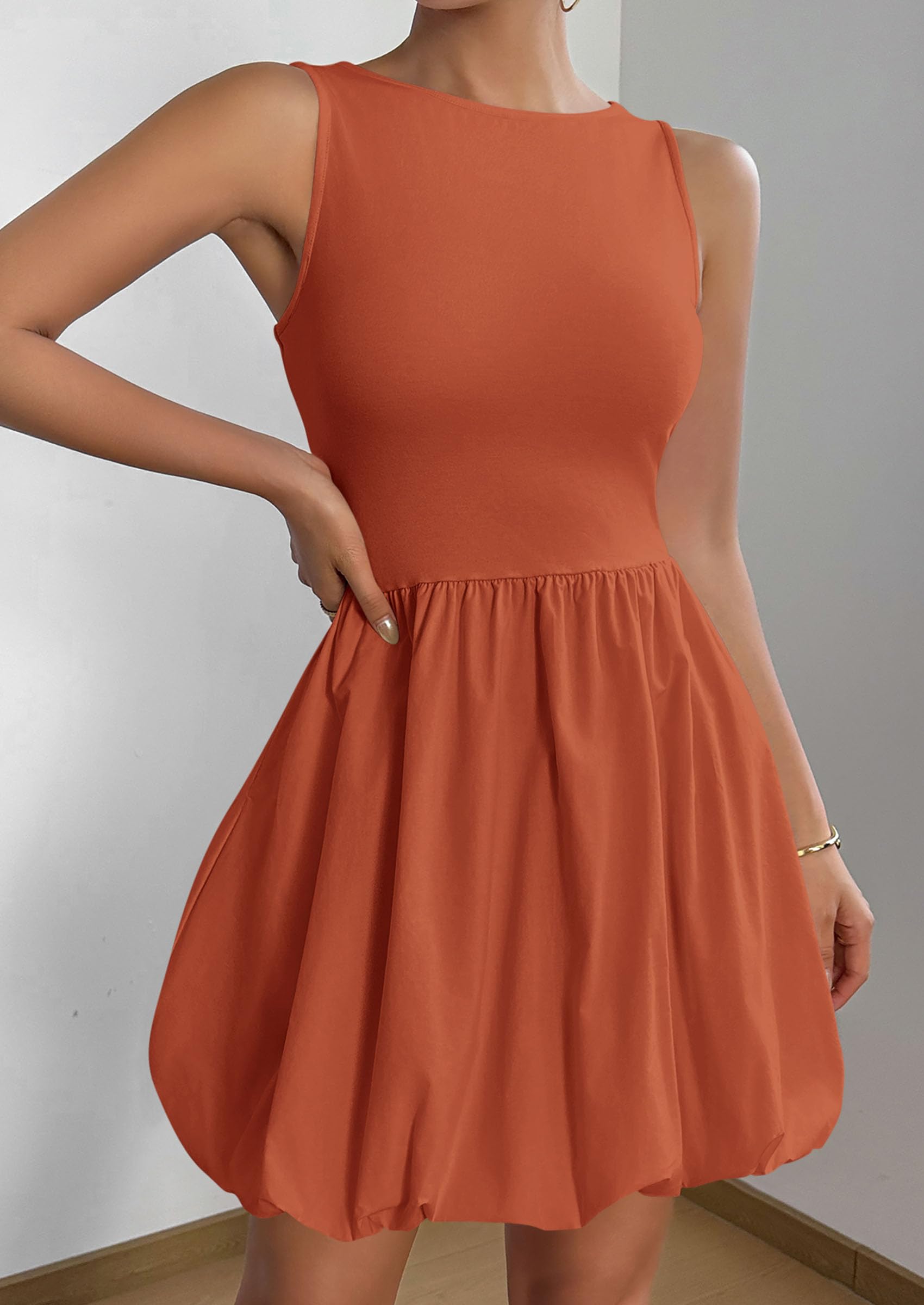 Womens Summer Bubble Sleeveless Mini Dress,Orange,S