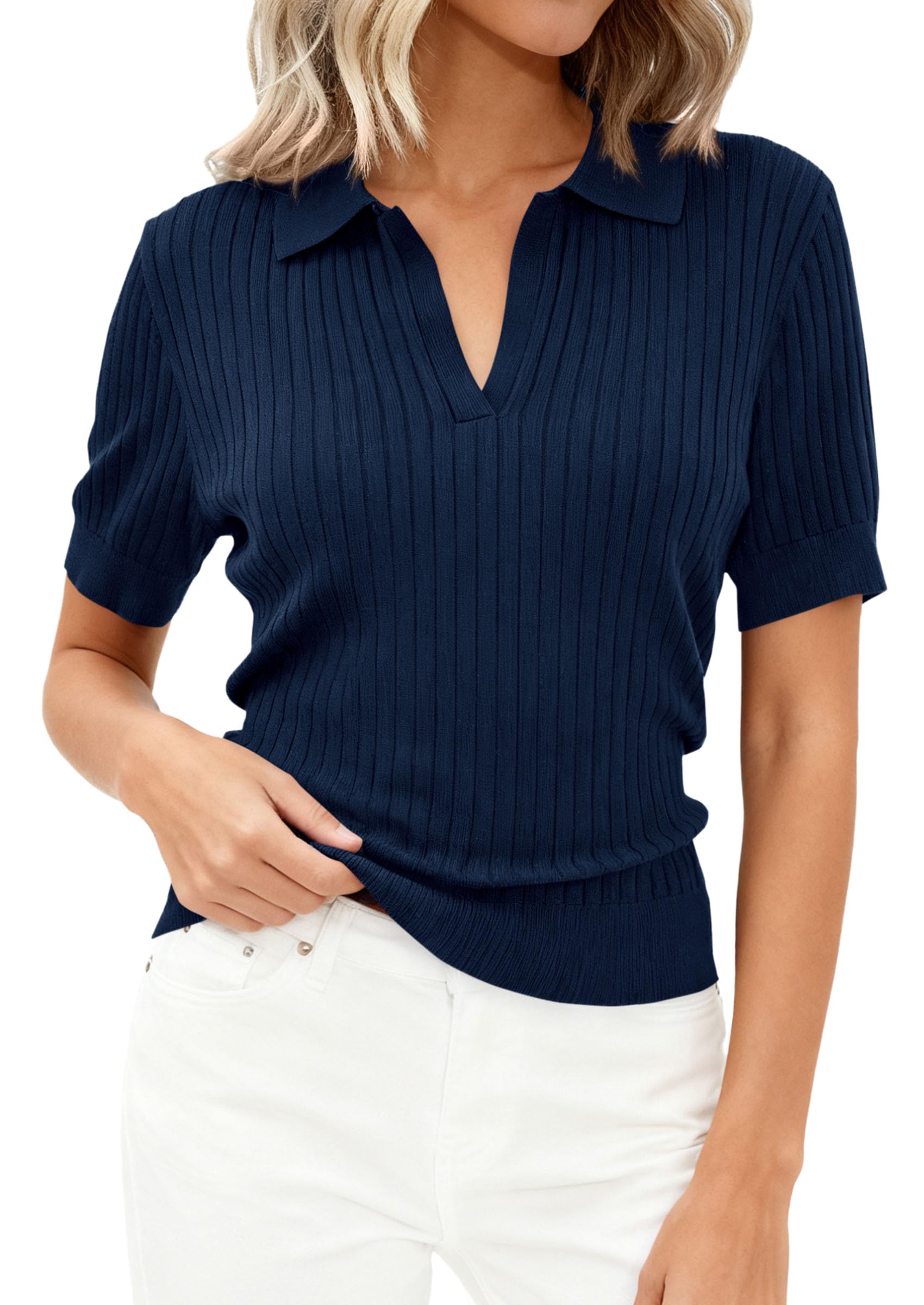 Women's Short Sleeve Sweater Polo Shirts,Navy Blue,XS