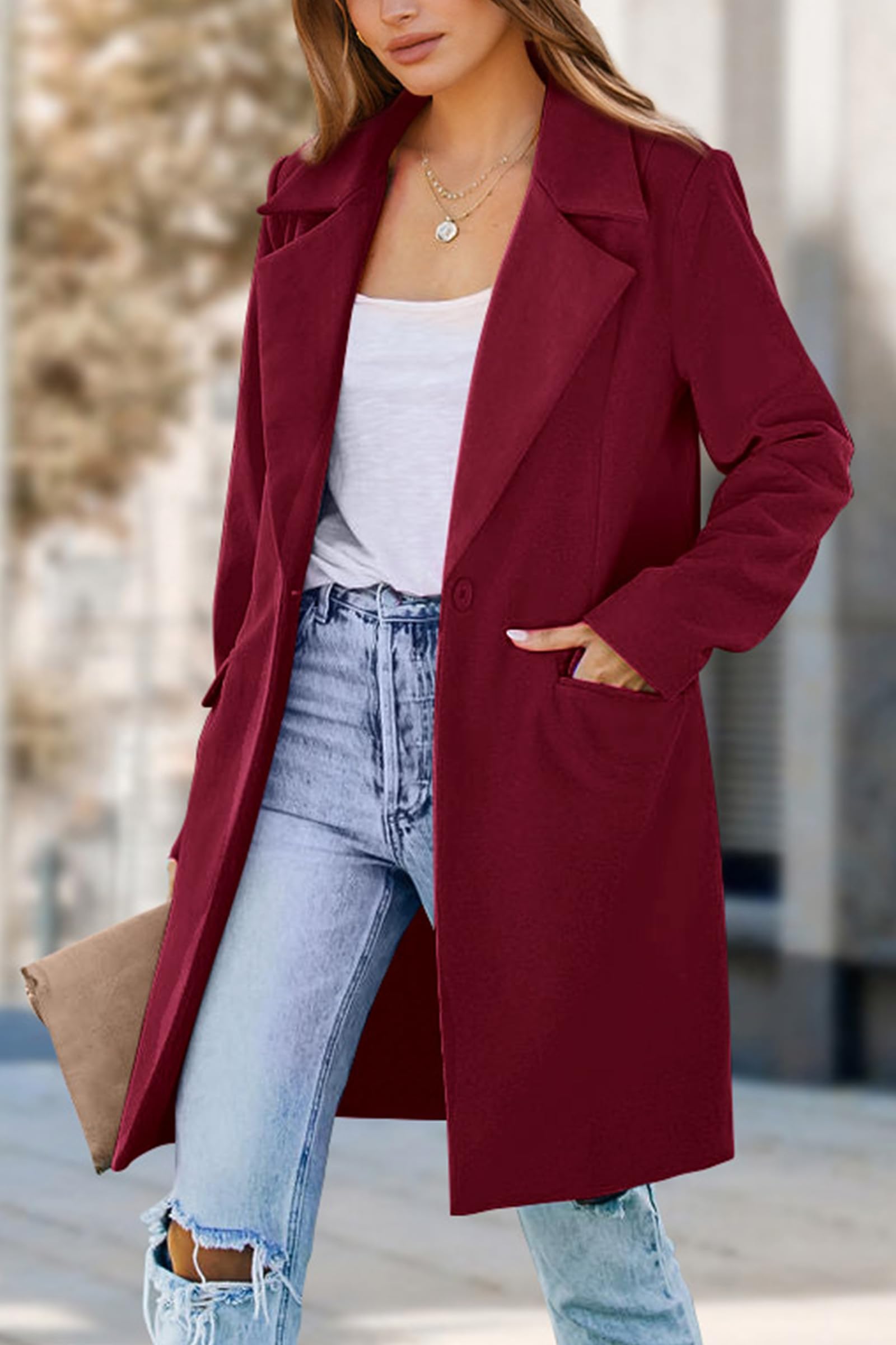 Women's Business Casual Long Blazer Jackets(Wine Red,S)