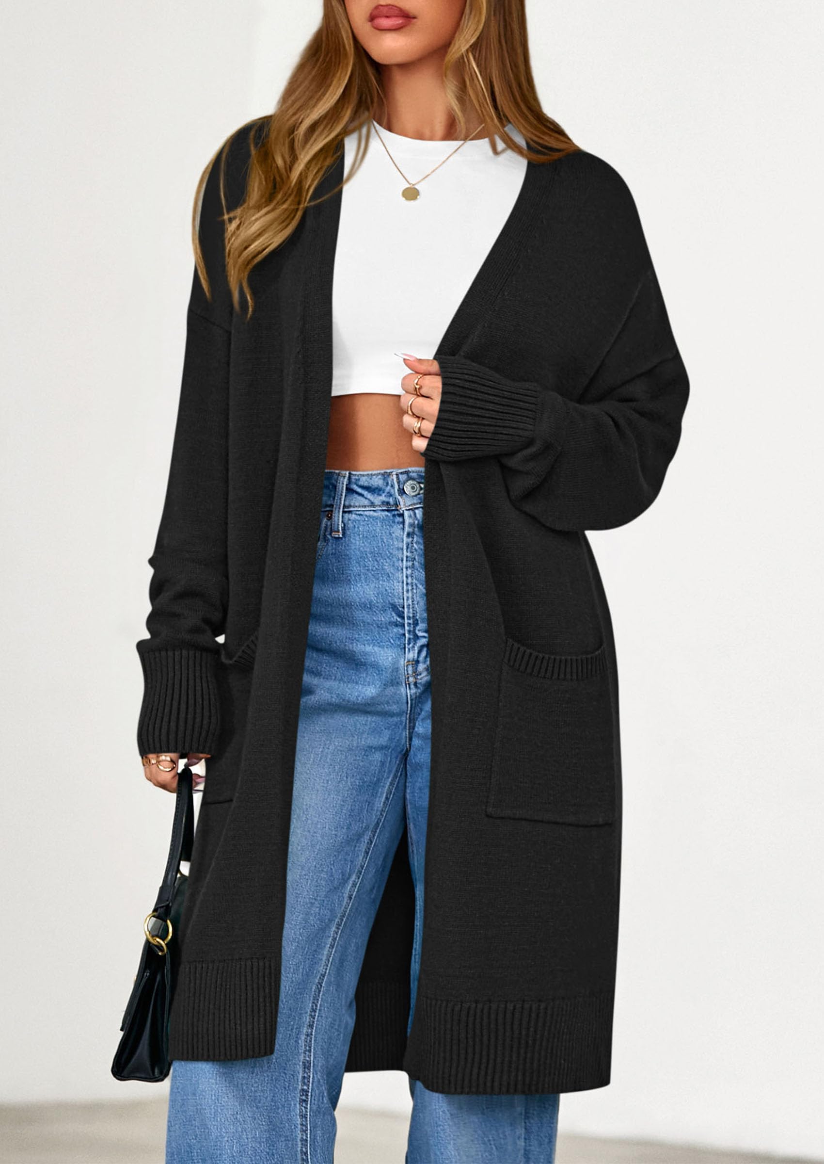 Women's Oversized Open Front Long Knit Cardigan,Black,S