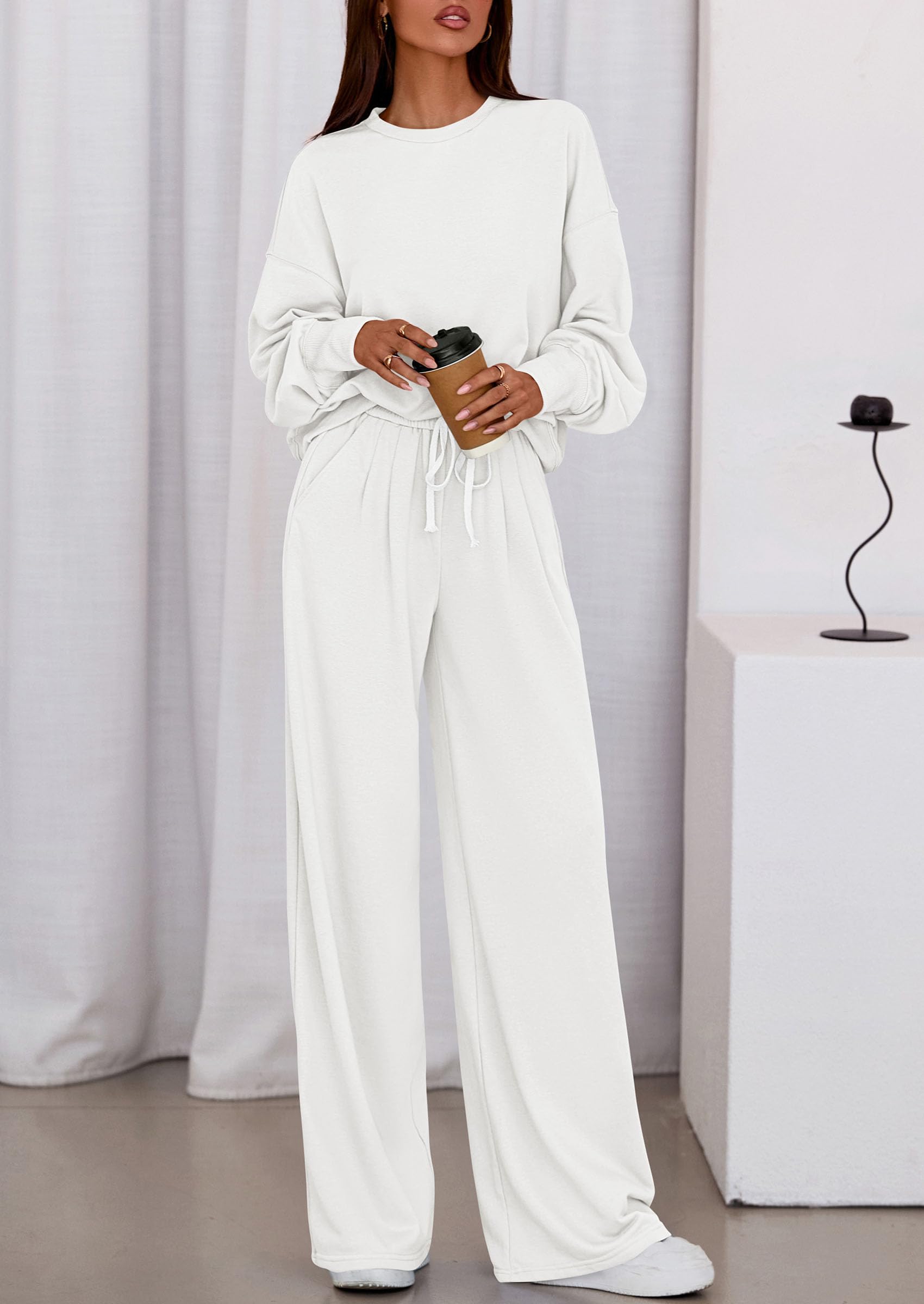 Womens Loose Fit Casual 2 Piece Lounge Set,White,M