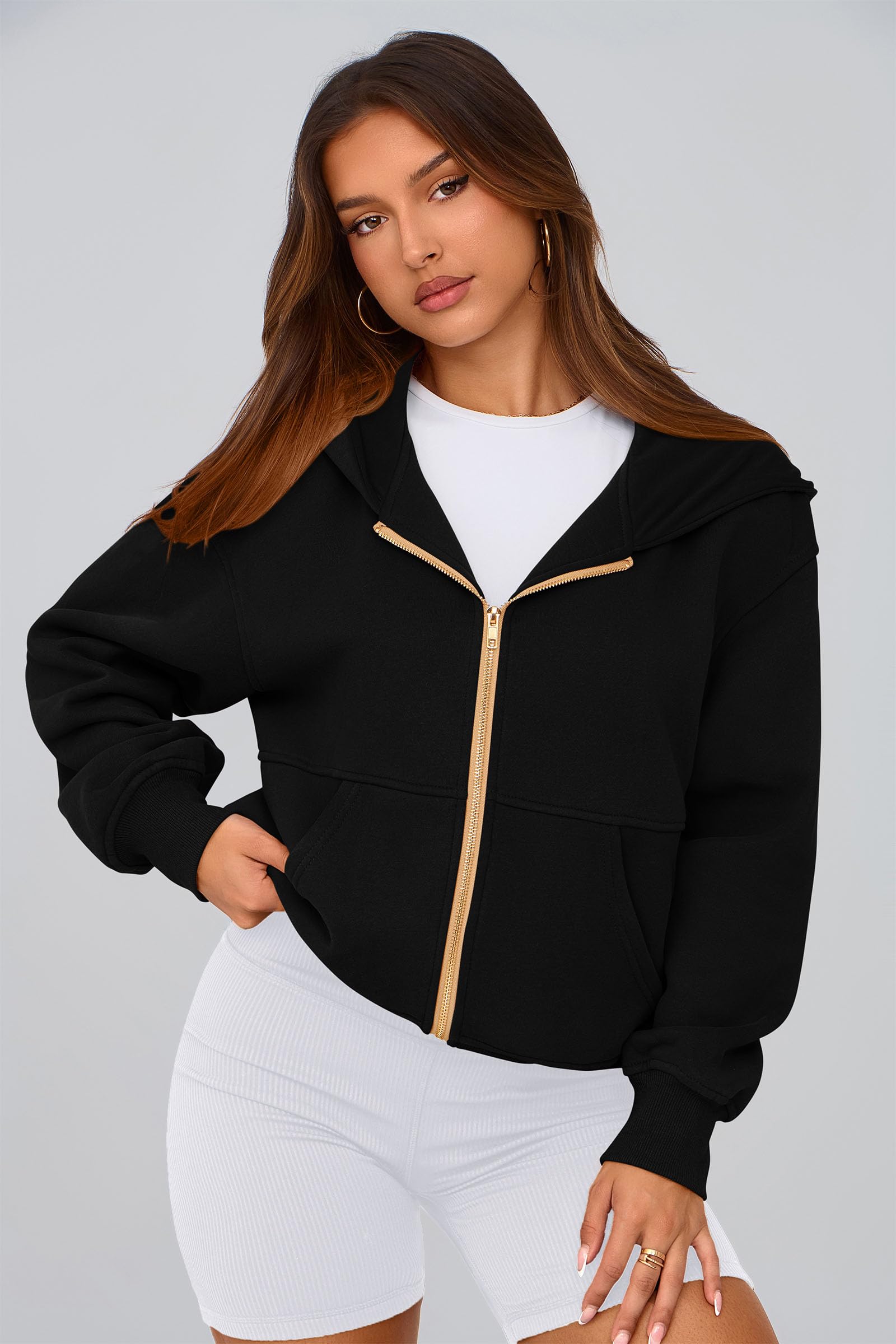 Hoodies for Women Fall Fashion Zip Up Fleece Plain Sweatshirt