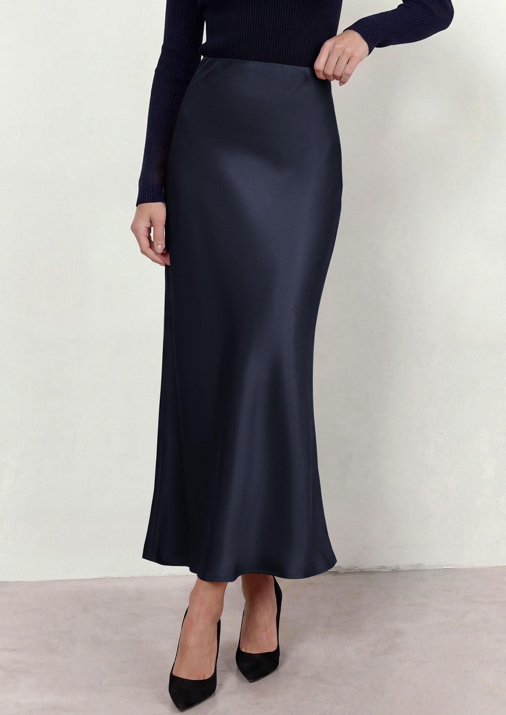 Women's Silk Satin Maxi Skirts Fall Clothes (Royal Blue,S)
