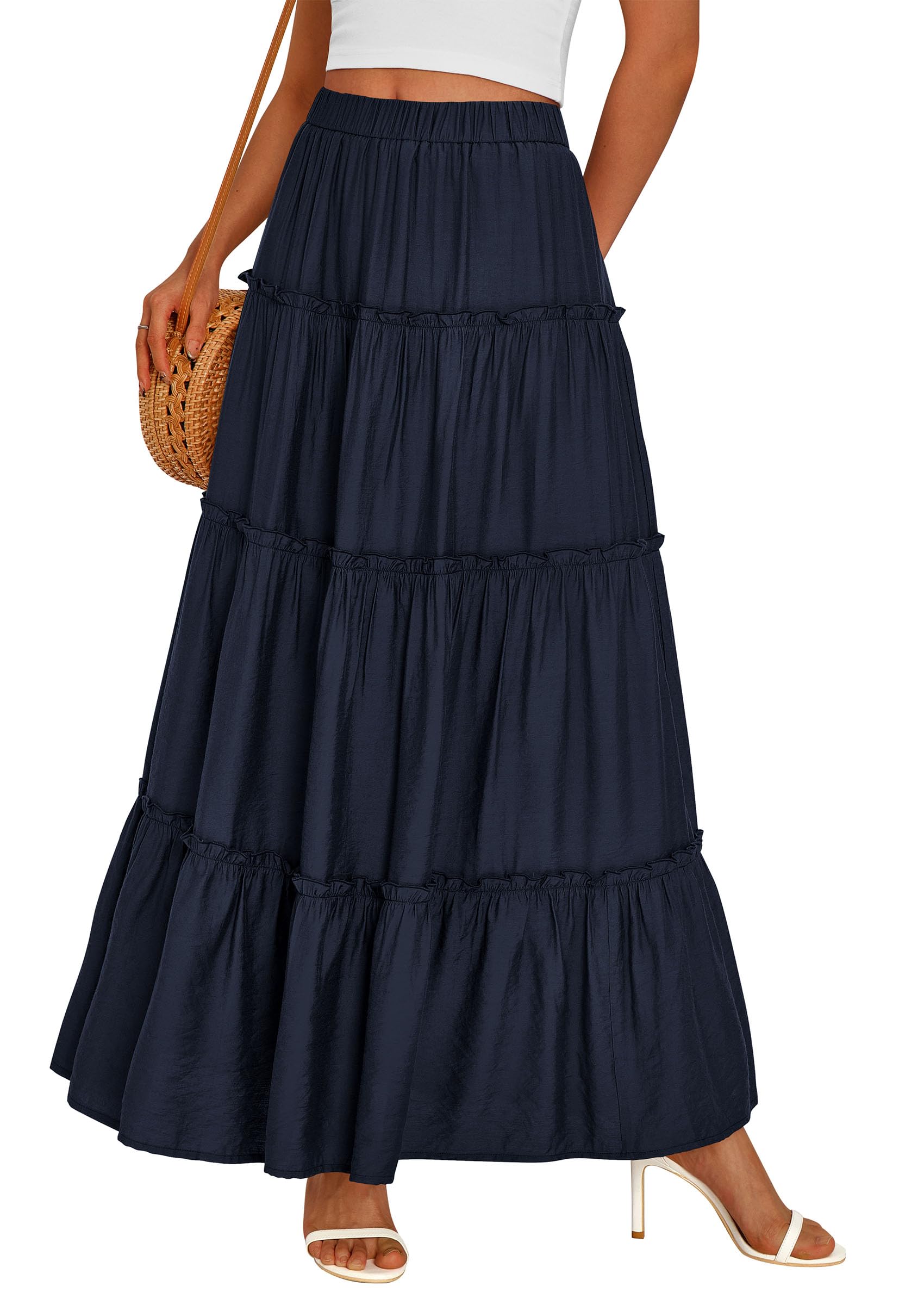 Women's Boho Tiered Ruffle Flowy Maxi Skirt, Navy Blue,L
