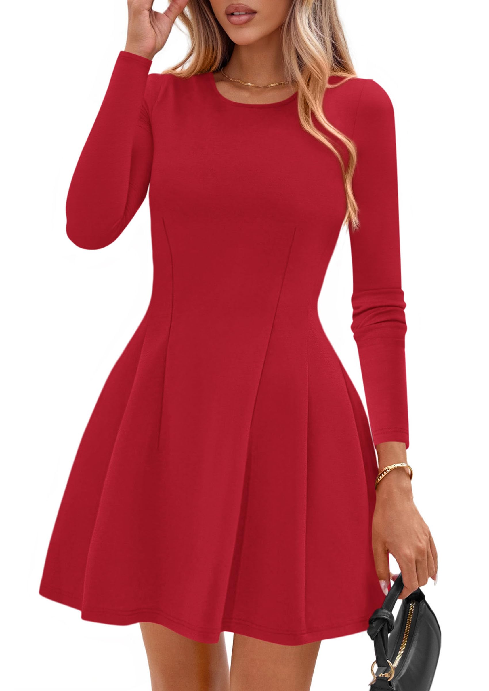 Womens Long Sleeve Pleated Mini Dress,Red,M