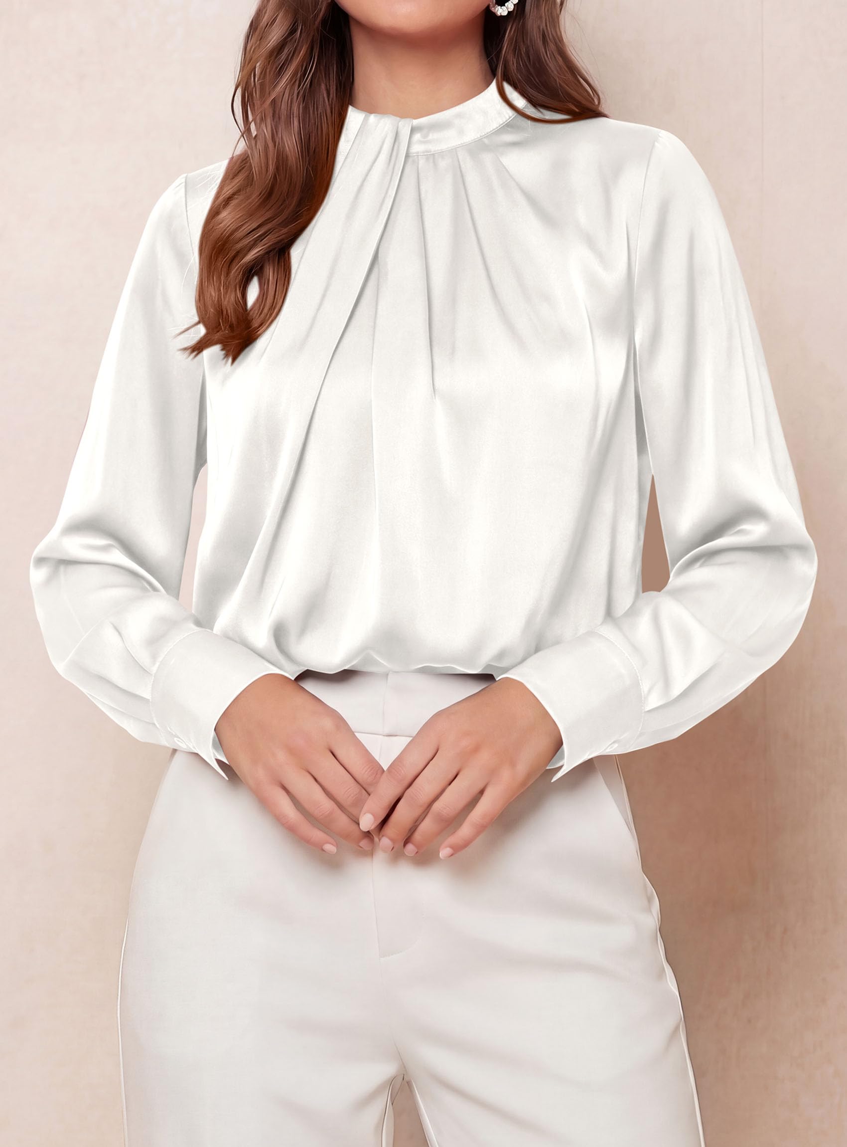 Satin Blouses for Women Dressy Casual Long Sleeve Shirts White