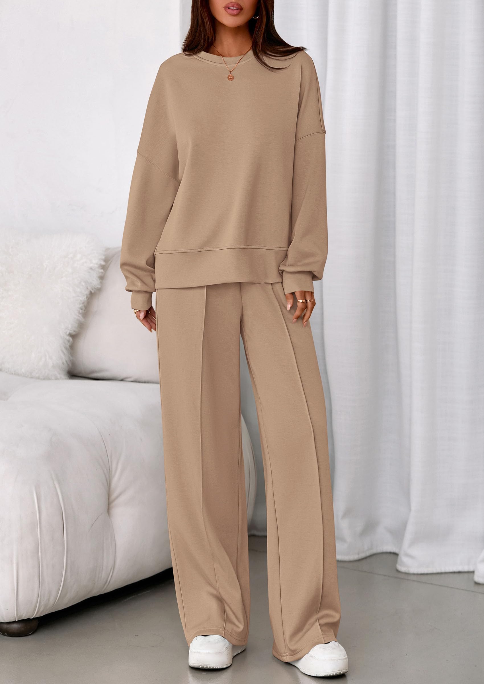 Womens Long Sleeve Sweatshirt 2 Piece Sets,Khaki,S
