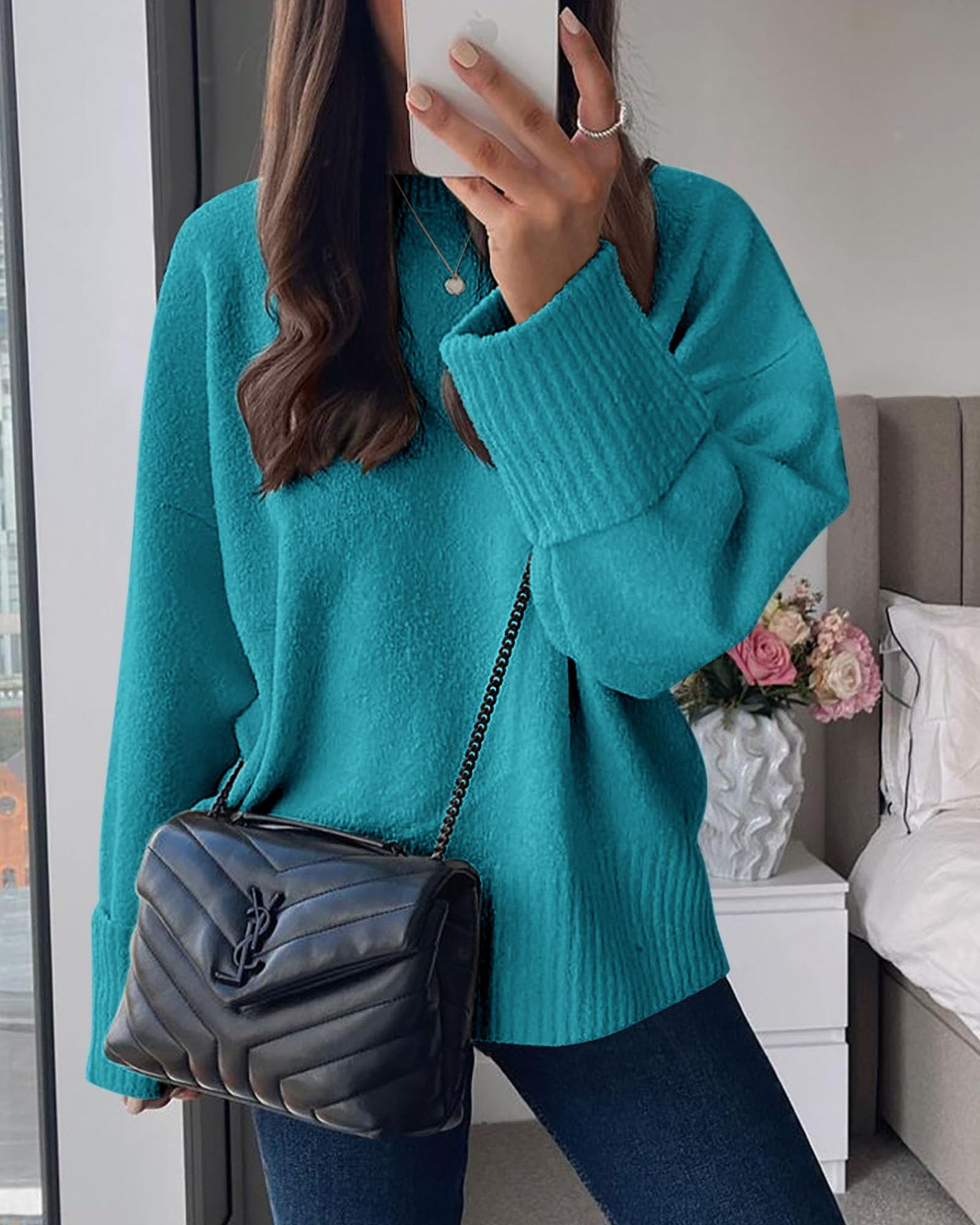 Women's Fall Fashion Cozy Oversized Sweaters(Lake Blue,XS)