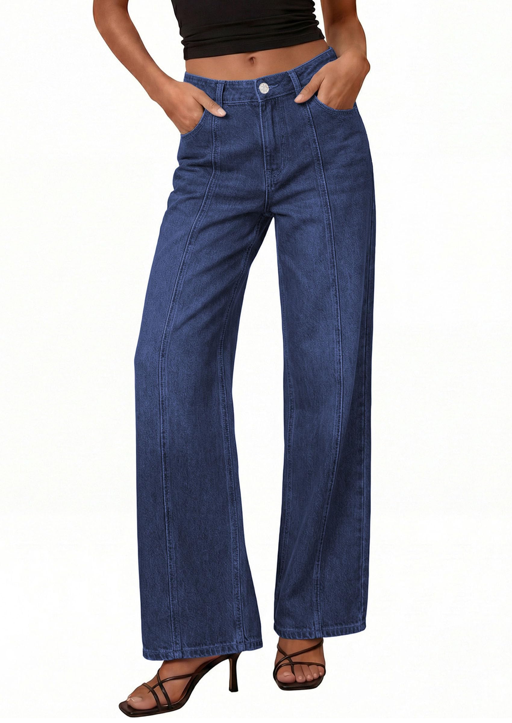 Women's Wide Leg Jeans Stretchy Baggy Denim Pants,Deep Blue,4