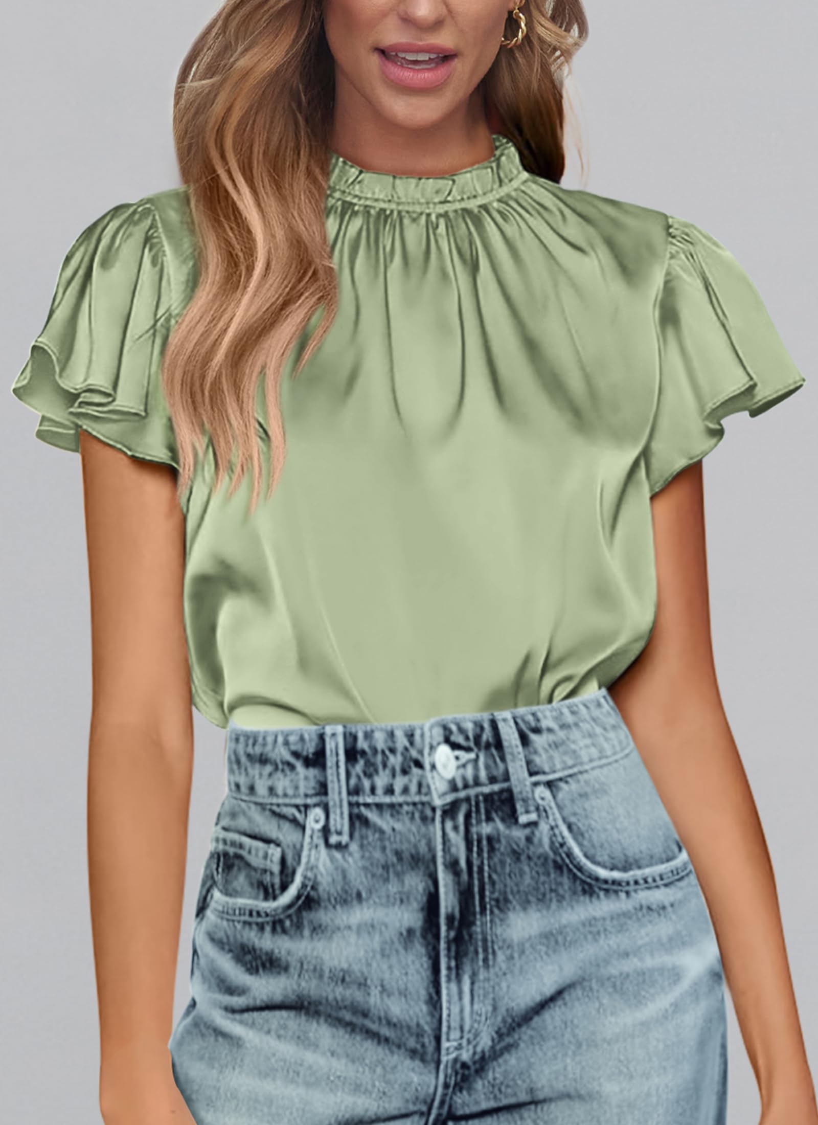 Women's Satin Tops Business Casual Work Blouses, Mint Green,S