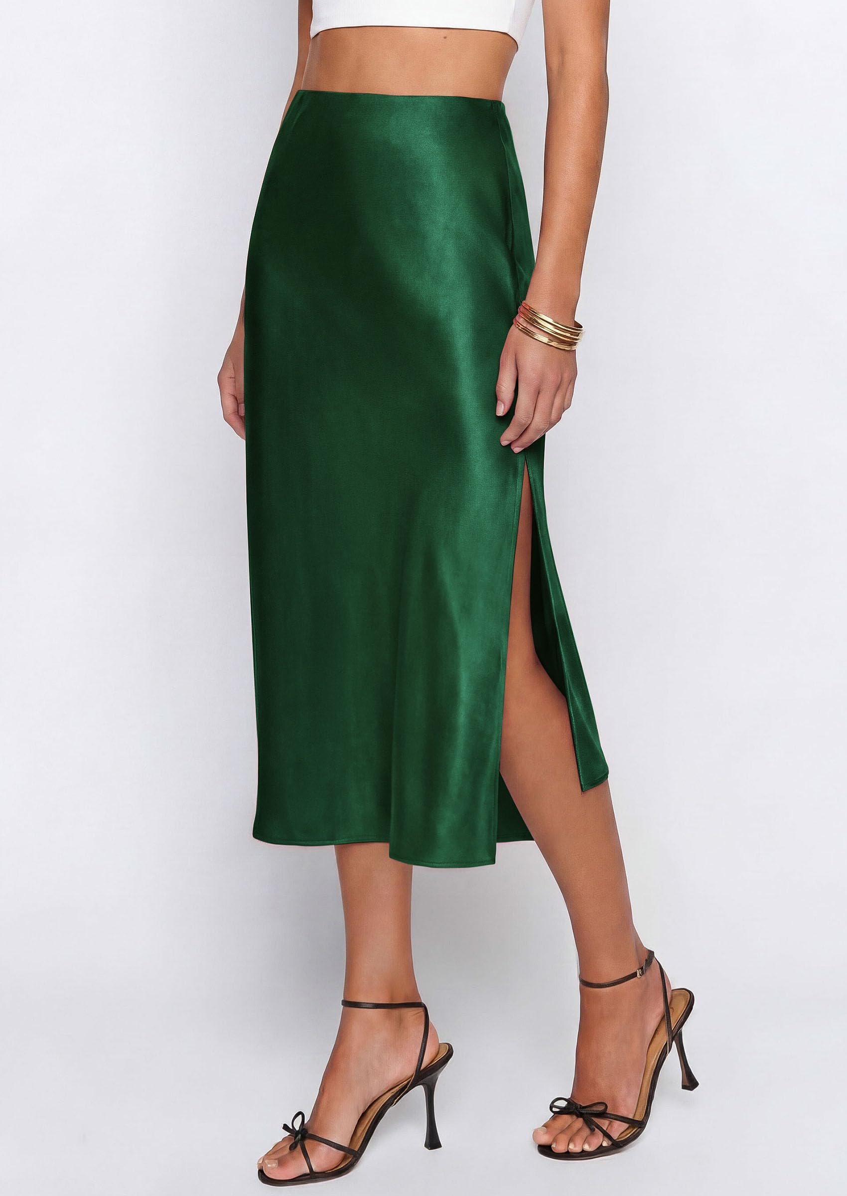 Womens Satin Skirt Silk Slip Midi Work Skirts, Dark Green, S