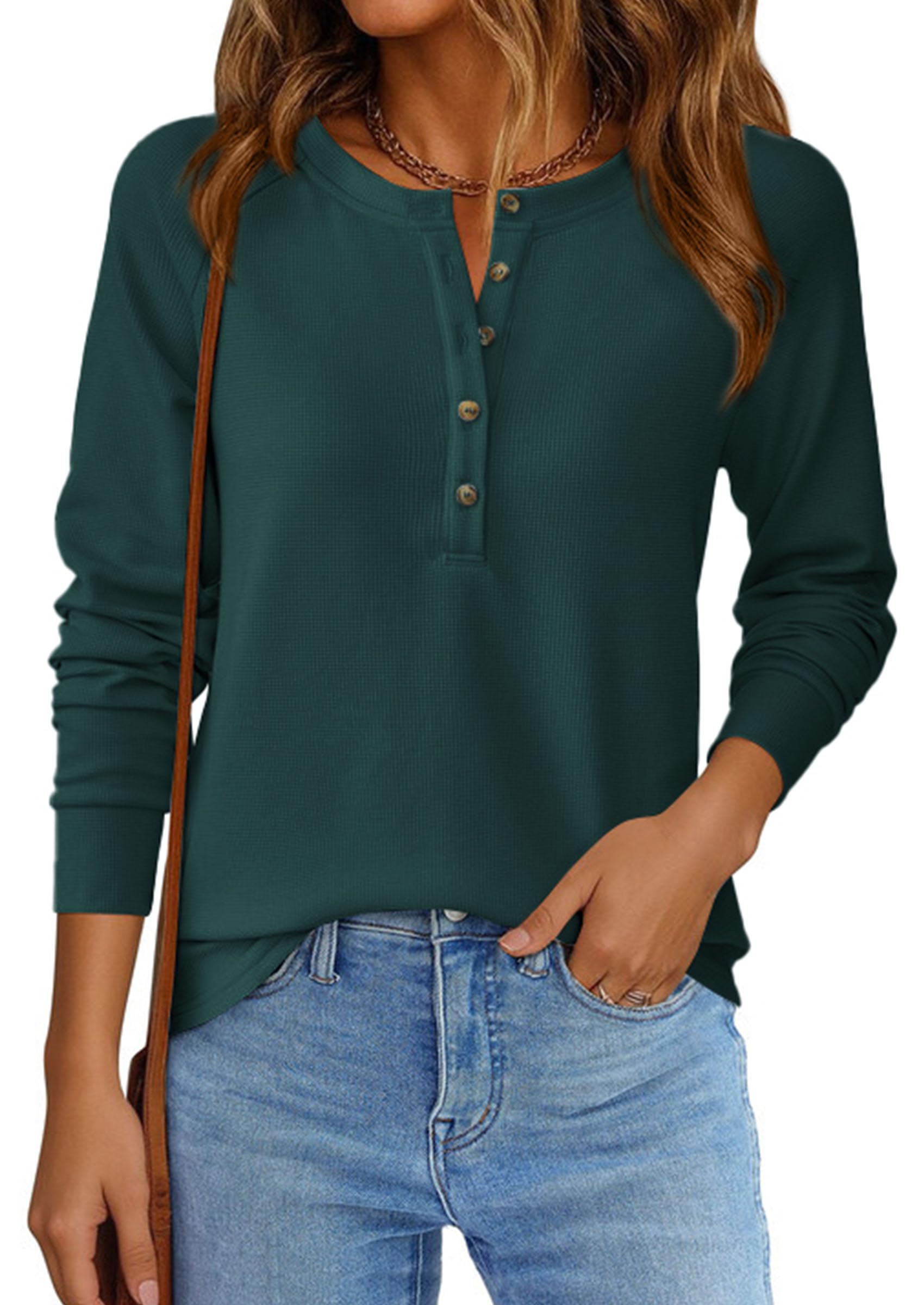 Women's Long Sleeve Waffle Knit Henley Shirts Loose Tunic Tops