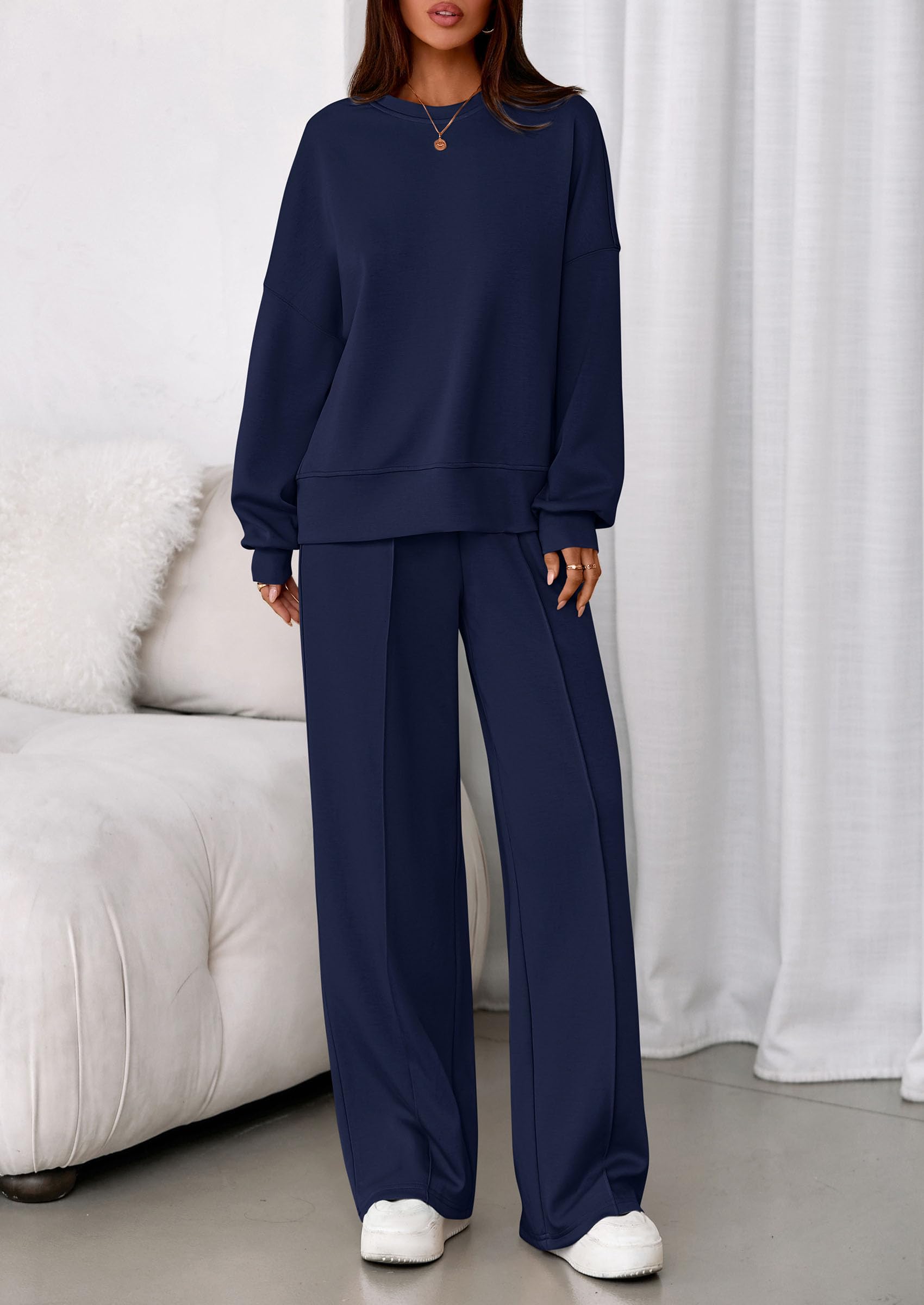 Womens Long Sleeve Sweatshirt 2 Piece Sets,Navy,S