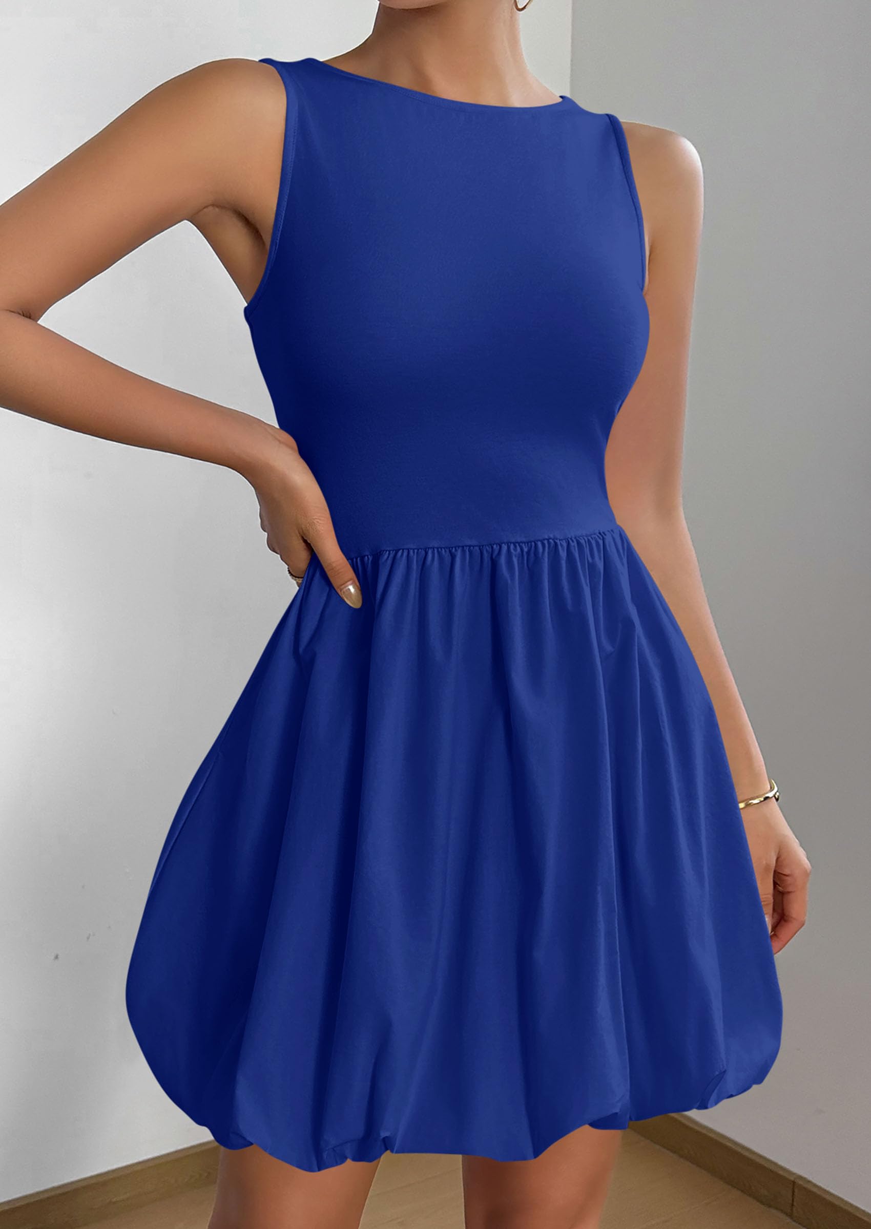 Womens Summer Bubble Sleeveless Mini Dress,Royal Blue,S
