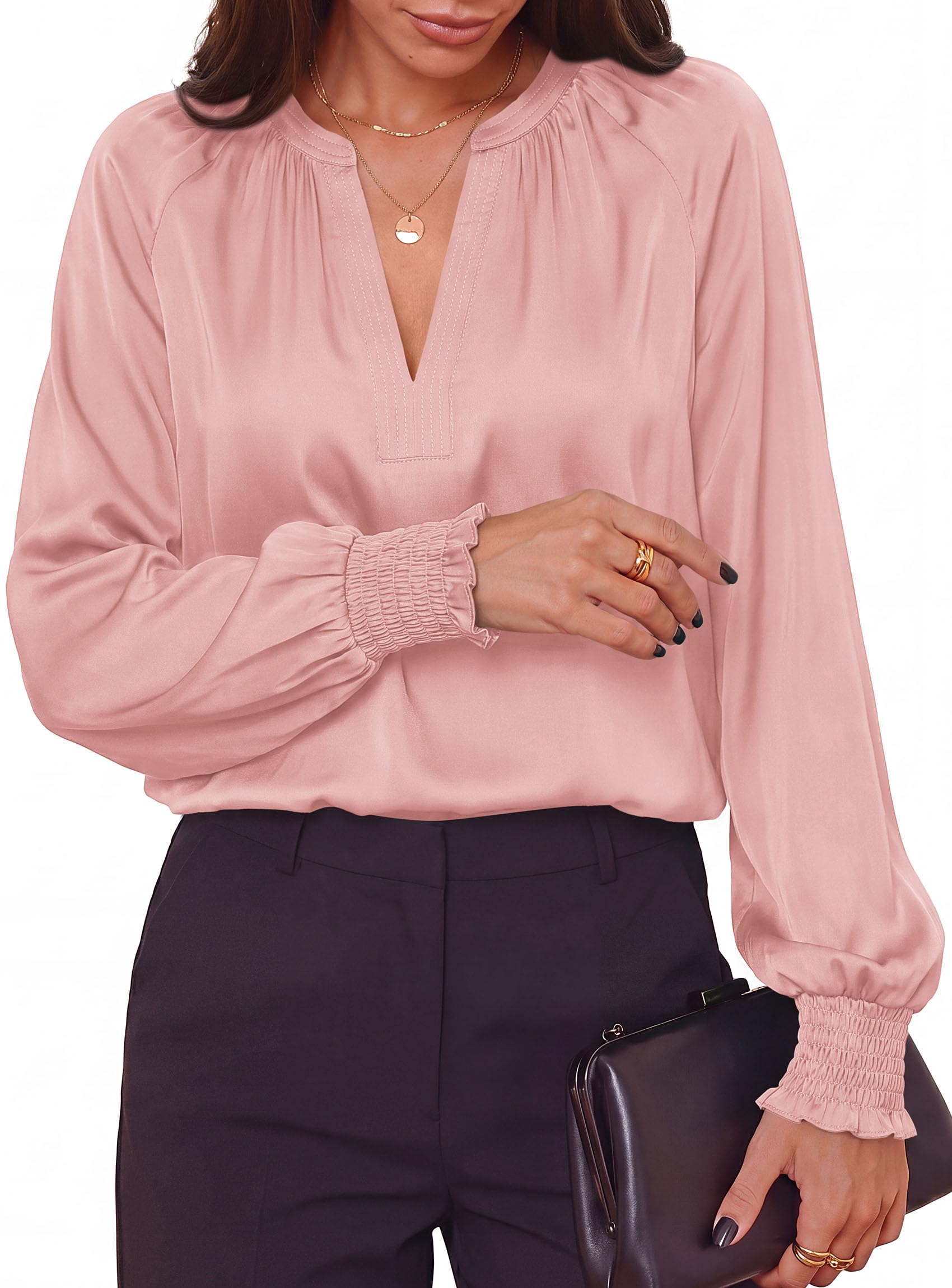 Women's Satin Blouses V Neck Long Sleeve Tops,Pink,S