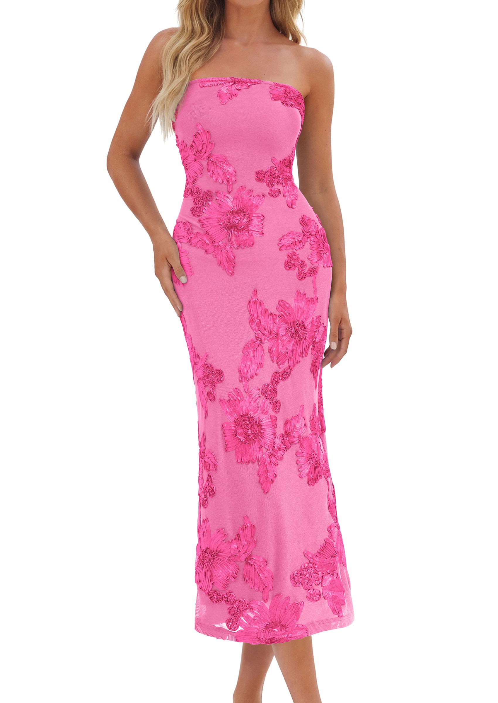 Women's Summer Wedding Guest Floral Midi Dress, Rose Red,S