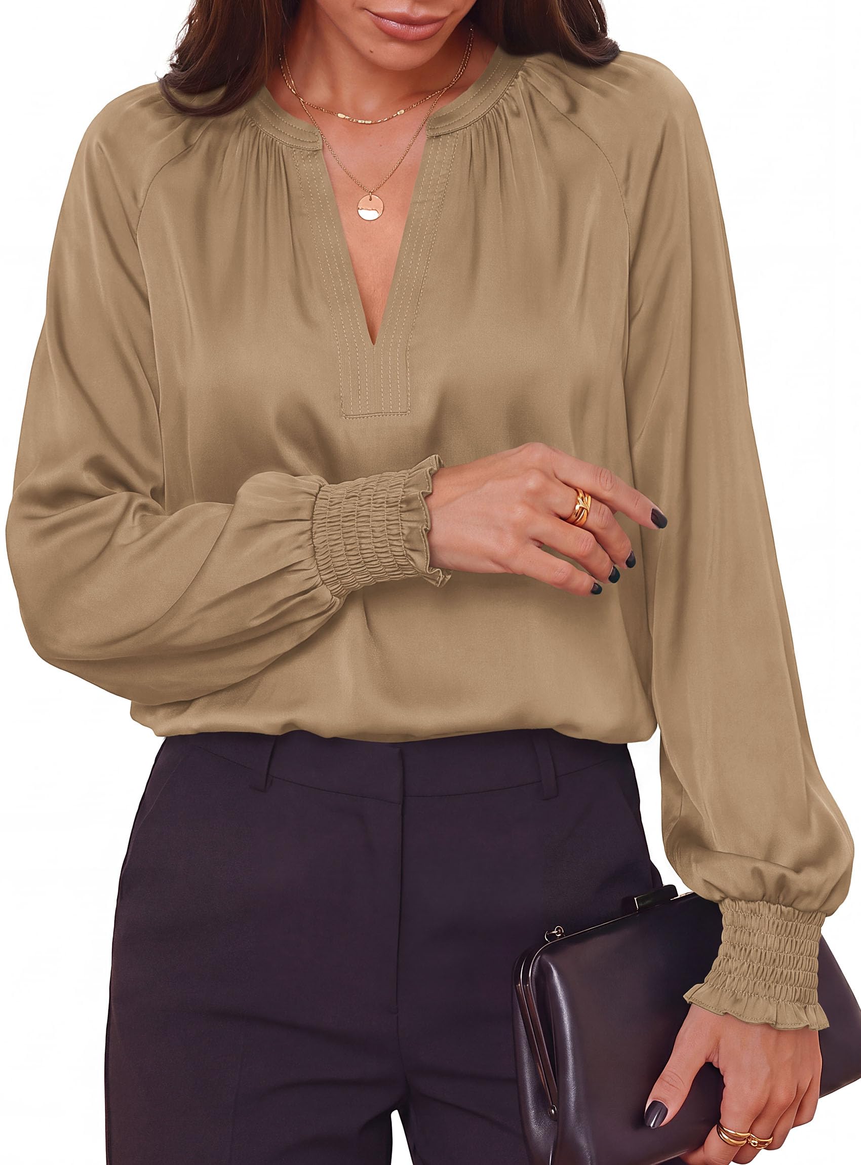 Women's Satin Blouses V Neck Long Sleeve Tops,Khaki,S