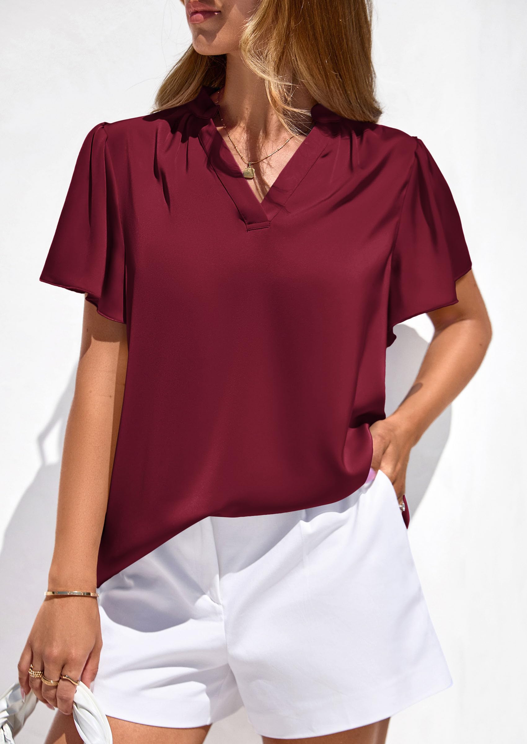 Women's Summer Satin Dressy Casual Blouses (Burgundy,M)