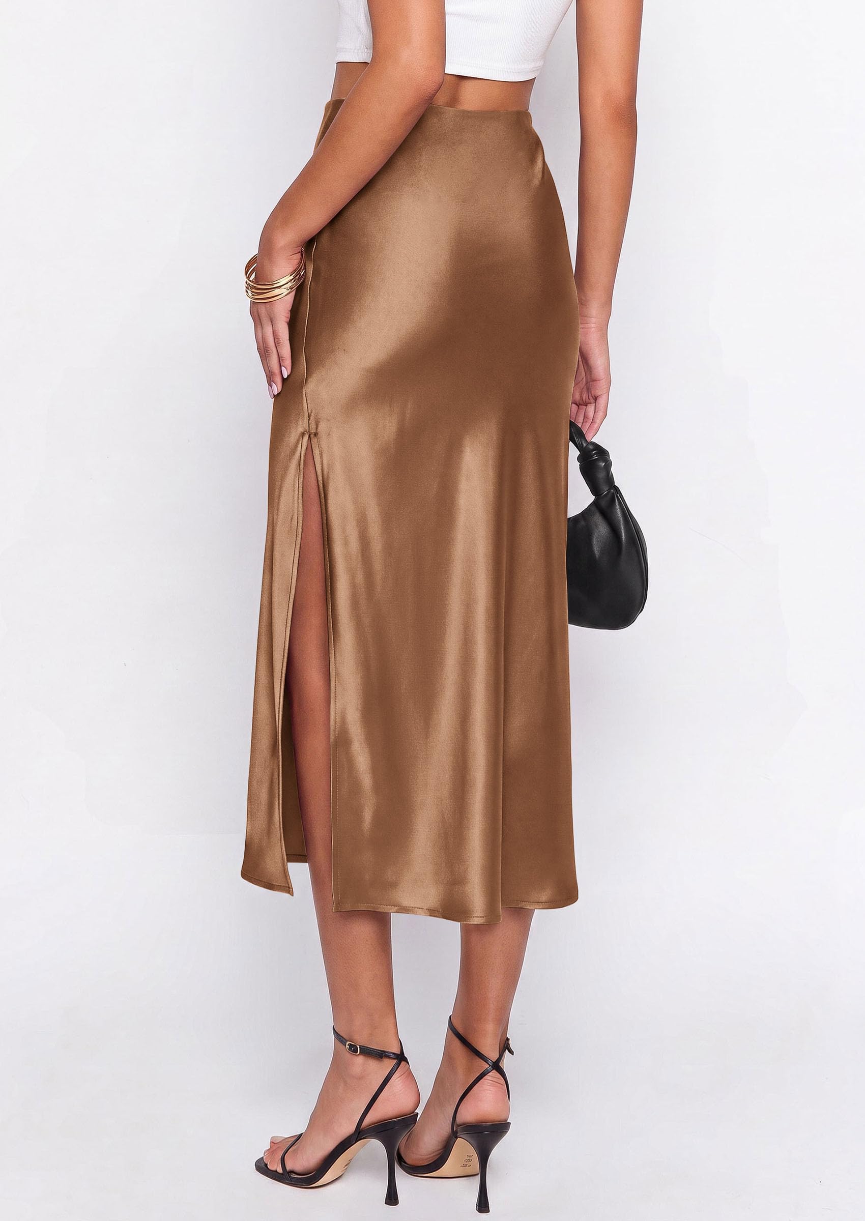 Womens Satin Skirt Silk Slip Midi Work Skirts, Coffee, S