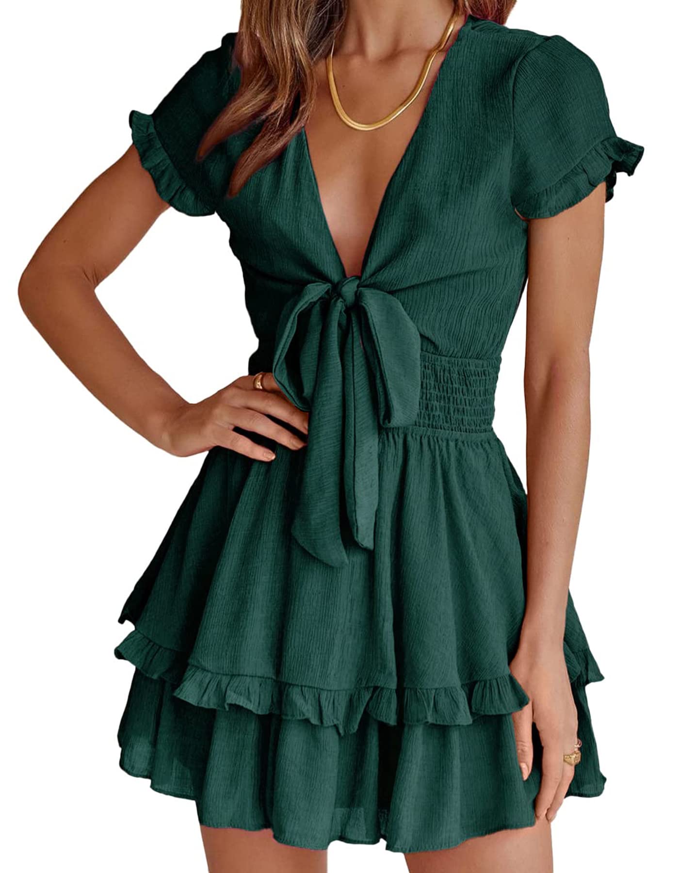 Women's Boho Floral Mini Tiered Bow Dress, Dark Green,S