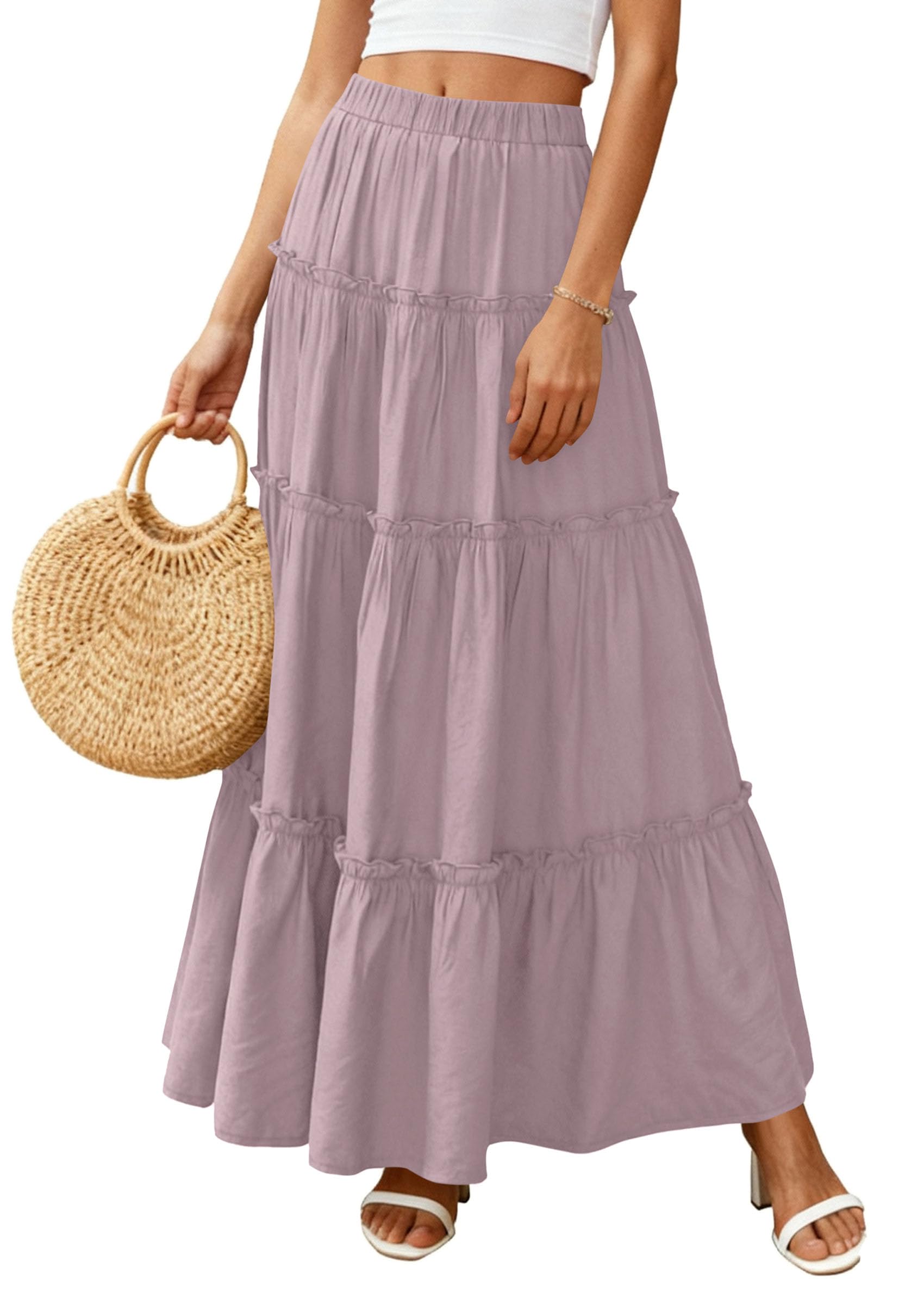 Women's Boho Tiered Ruffle Flowy Maxi Skirt, Purple,S