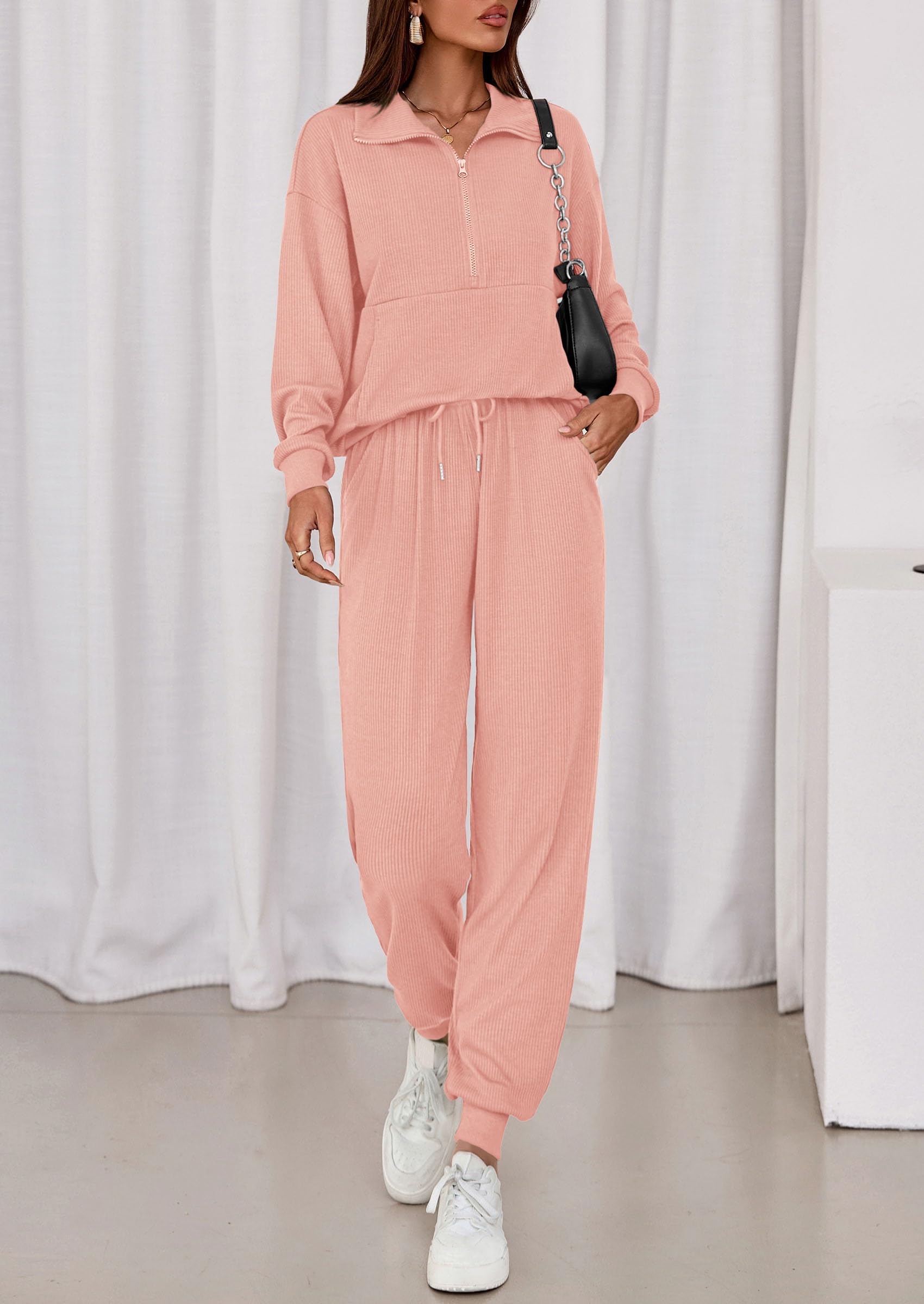 Airport Travel Outfit Women Ribbed Knit Matching Lounge Sets