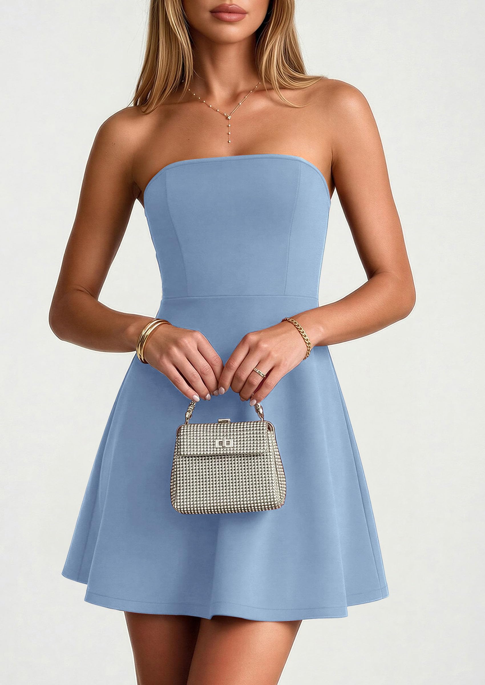 Women's Strapless A Line Mini Summer Dresses Light Blue,XS