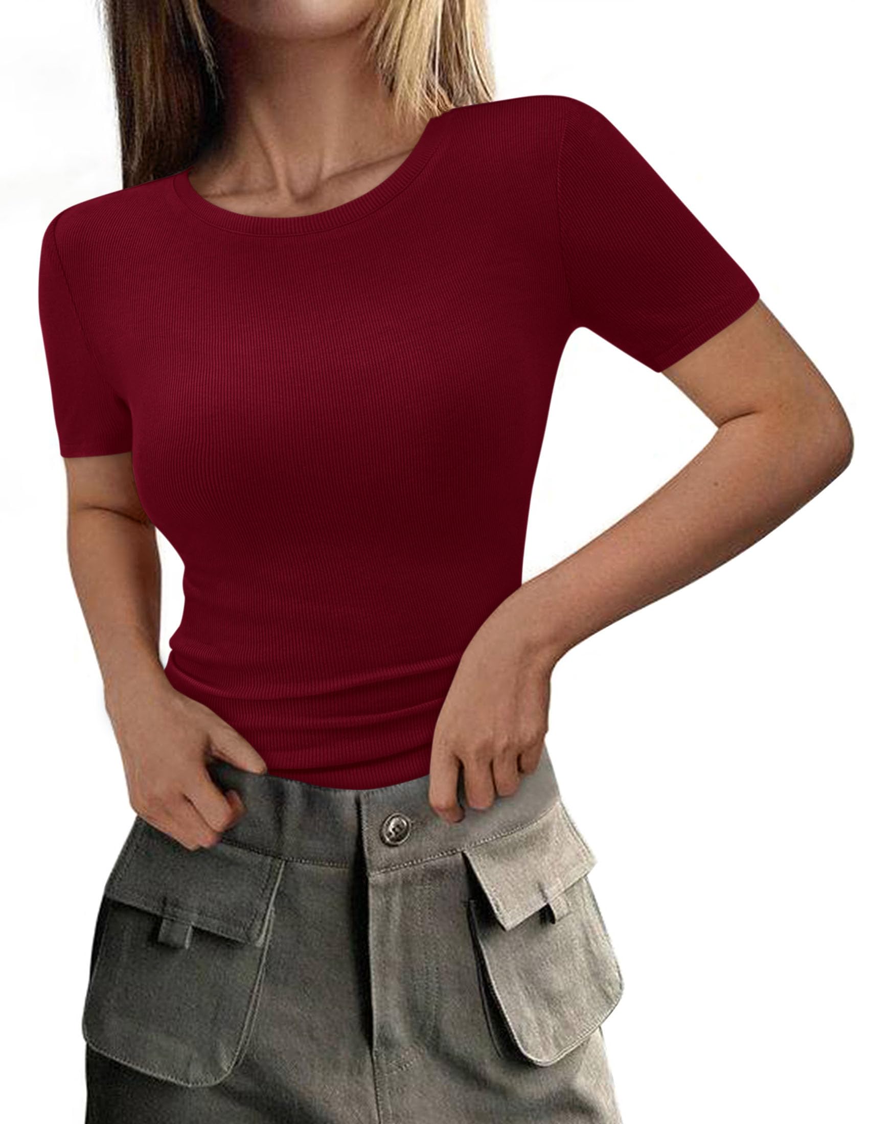 Womens Short Sleeve Slim Fit Basic Shirts,Wine Red,XS