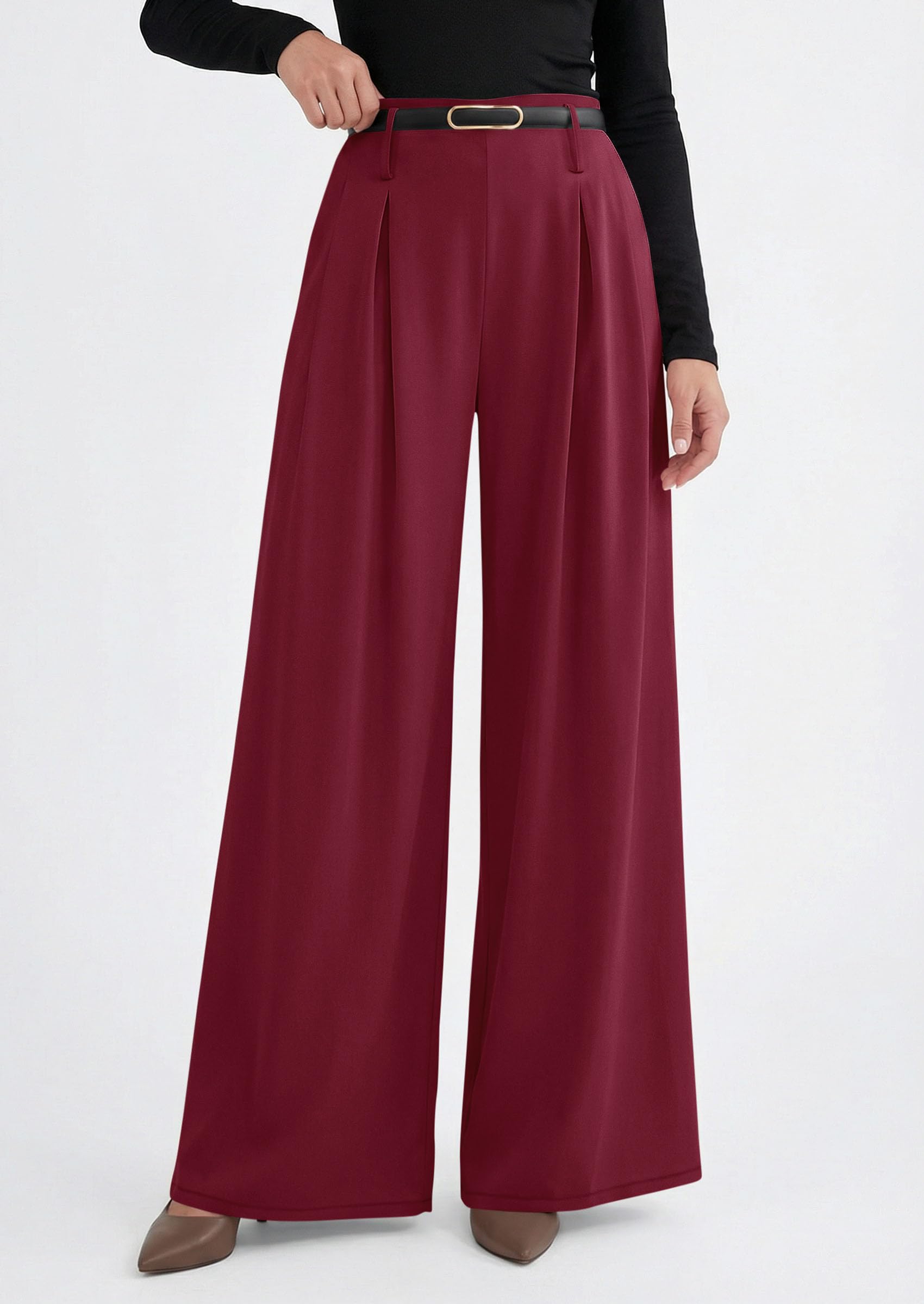 Womens Wide Leg Dress Pants Flowy Trousers,Wine Red,S