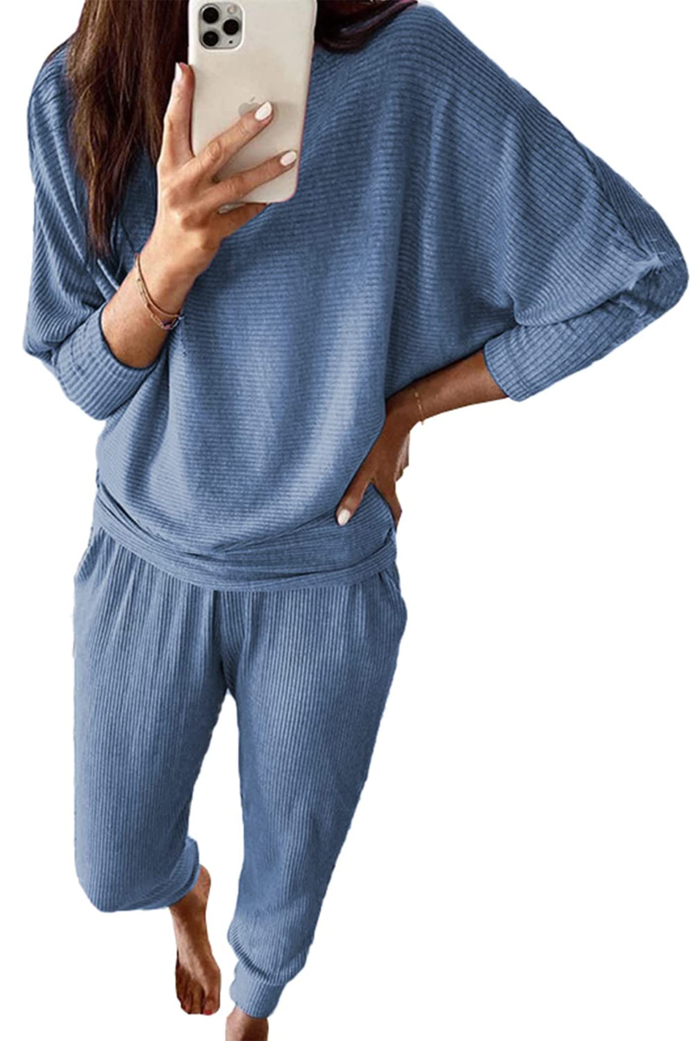 Women's 2 Piece Fall Outfits Matching Ribbed Knit Lounge Sets