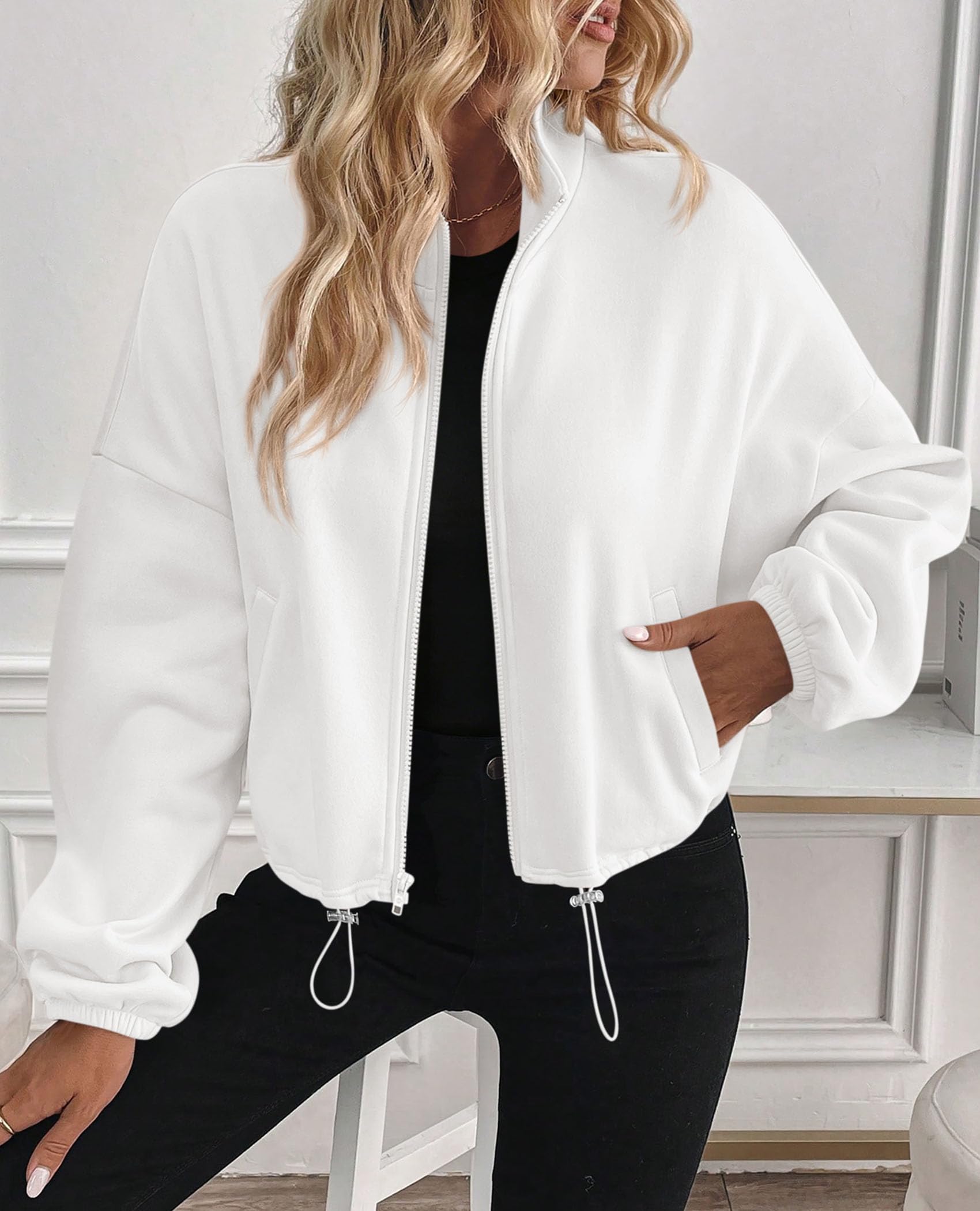 Women's Cropped Jacket Zip Up Fleece Sweatshirt Fall Outfits