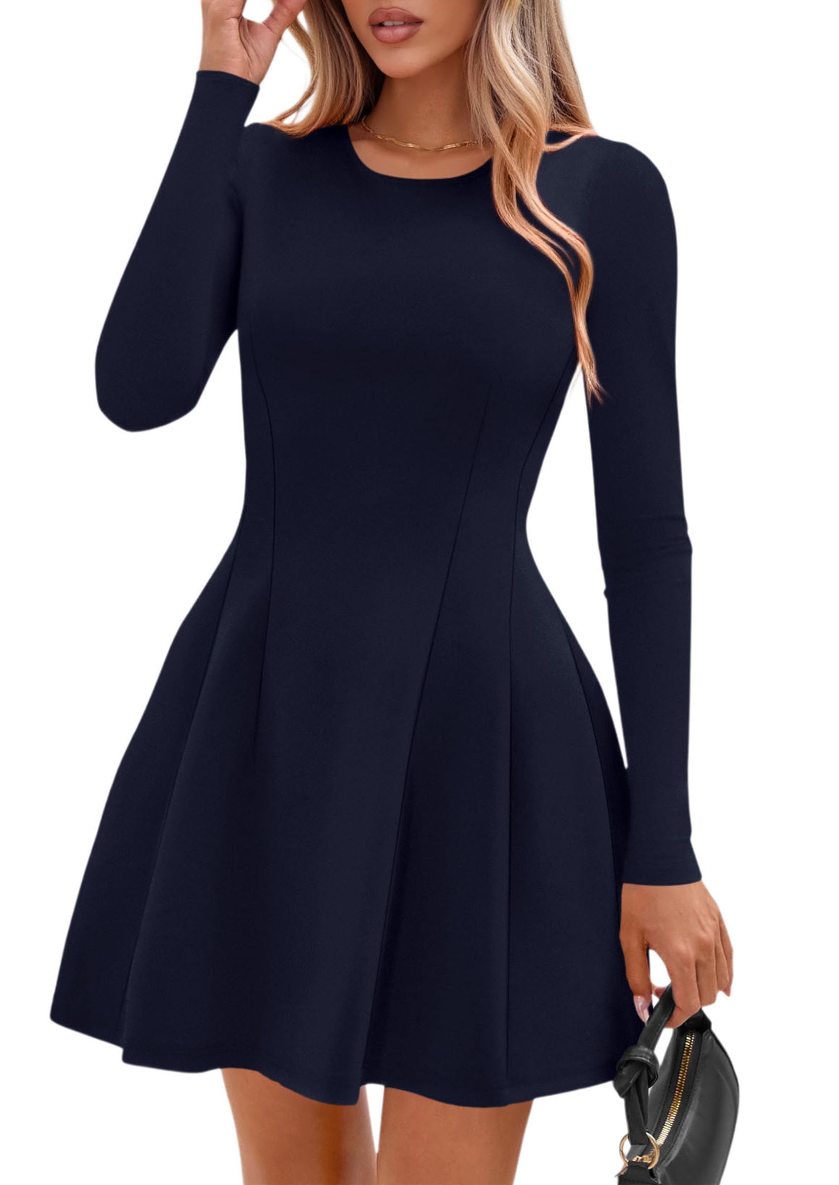 Womens Long Sleeve Pleated Mini Dress,Navy,XS